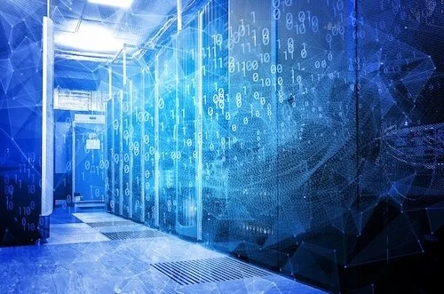 Inside of a data center covered with zeros and ones