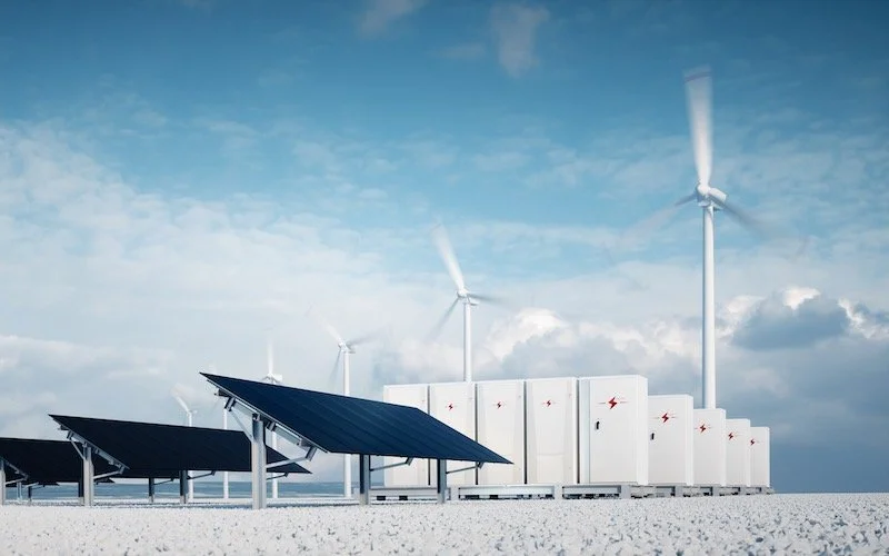 Battery storage facility with renewable energy sources