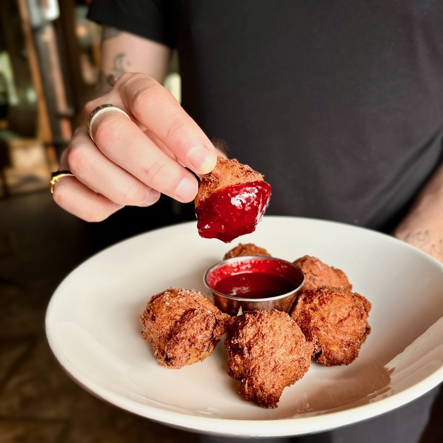 dip into our new brunch menu 🍳 

Hush Puppies &bull; duck confit, goat cheese, cherry mustard sauce 🍒 

brunch 11-2p, bar 11-3p