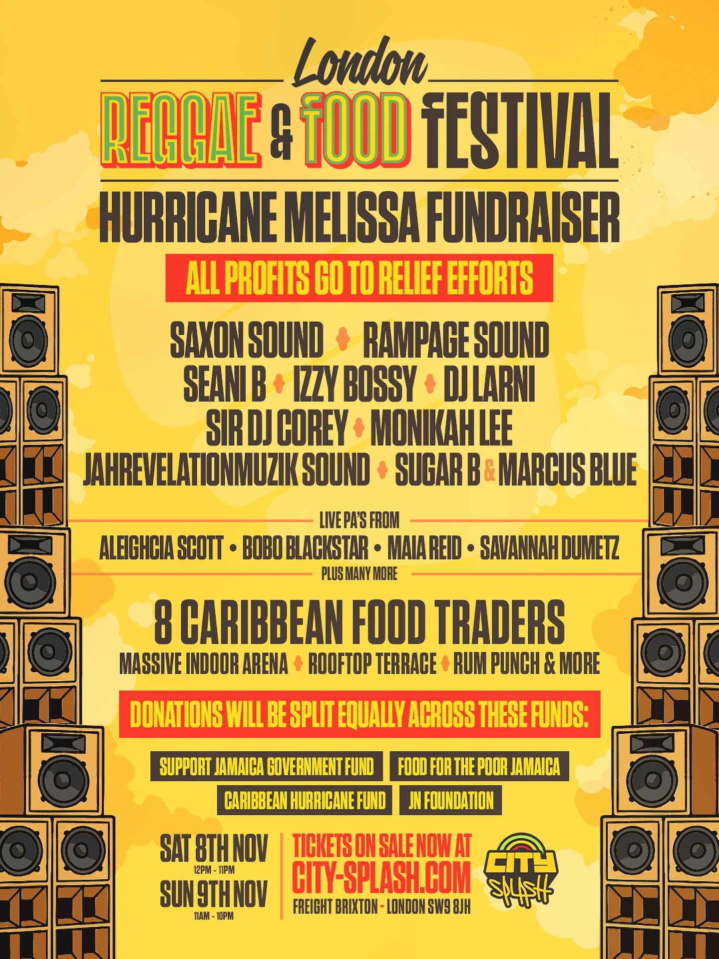 In response to the impact of Hurricane Melissa. City Splash will be joining up with the London Reggae &amp; Food Festival for a fundraiser event held at Freight Brixton this weekend.

All profits made from the event will be donated to relief efforts 