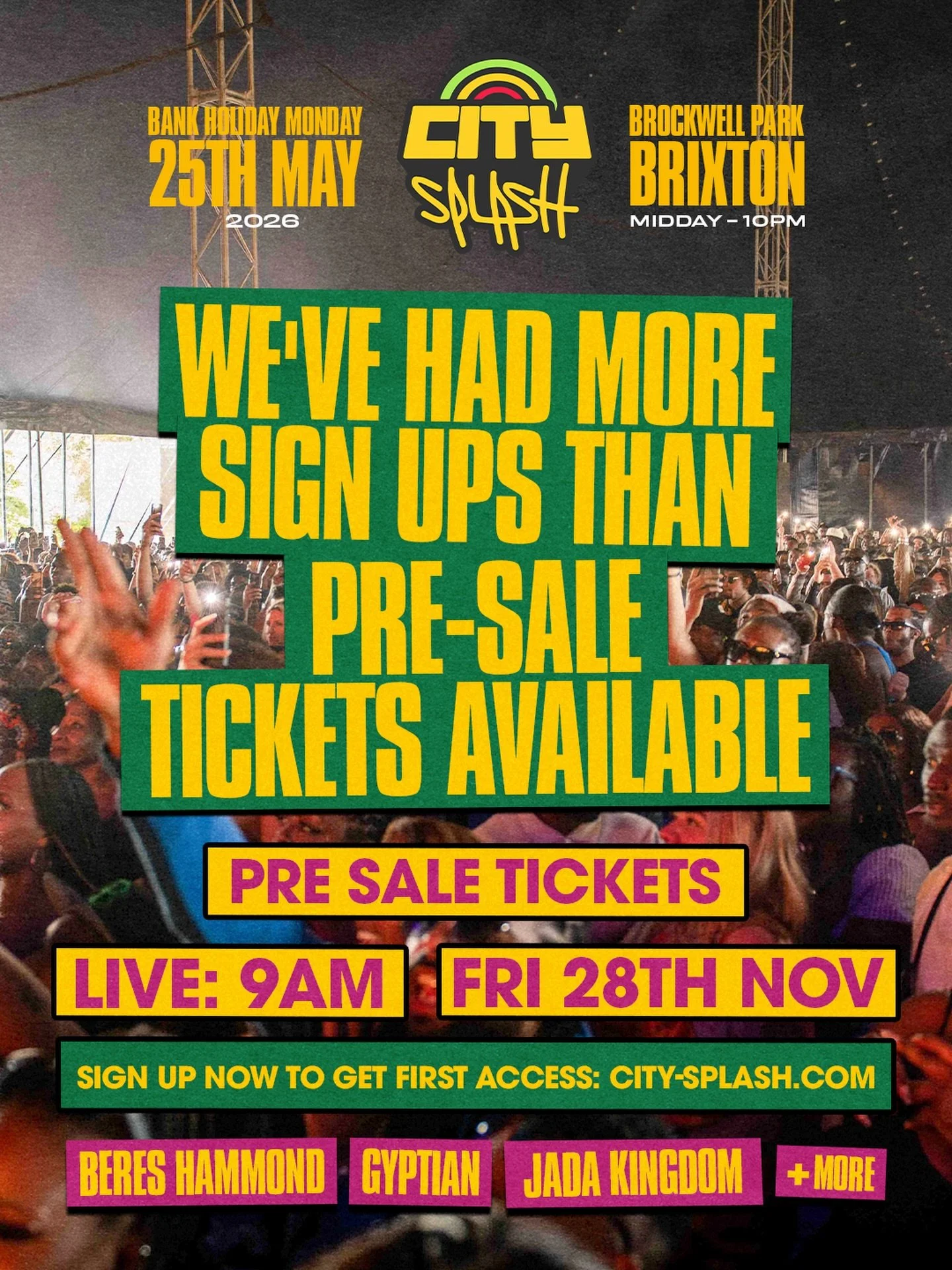 We&rsquo;re currently at RECORD sign ups and the numbers keep rising! Don&rsquo;t miss out &amp; sign up now for the biggest City Splash yet. 📈  Pre-sale: 9am, Fri 29th Nov 🎟️  GA on sale: 9am, Mon 1st Dec 🎟️

#CitySplash #TheHomeOfCulture