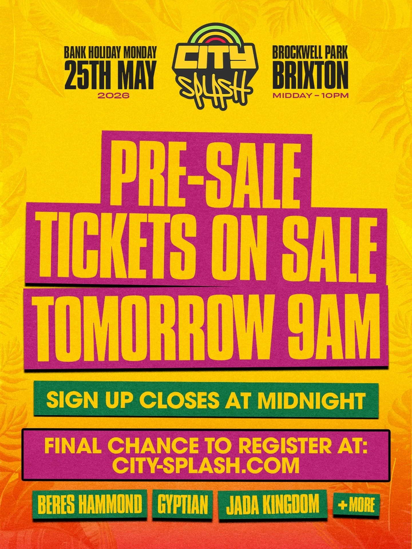 Set your alarms! 🚨 Pre-sale tickets drop in LESS than 24 hours. This isn&rsquo;t one to sleep on!  Final call to register for our best priced options. ALL sign up options close TONIGHT at MIDNIGHT. 
Pre-sale tickets: 9am, Fri 28th Nov 🎟️  GA on sal