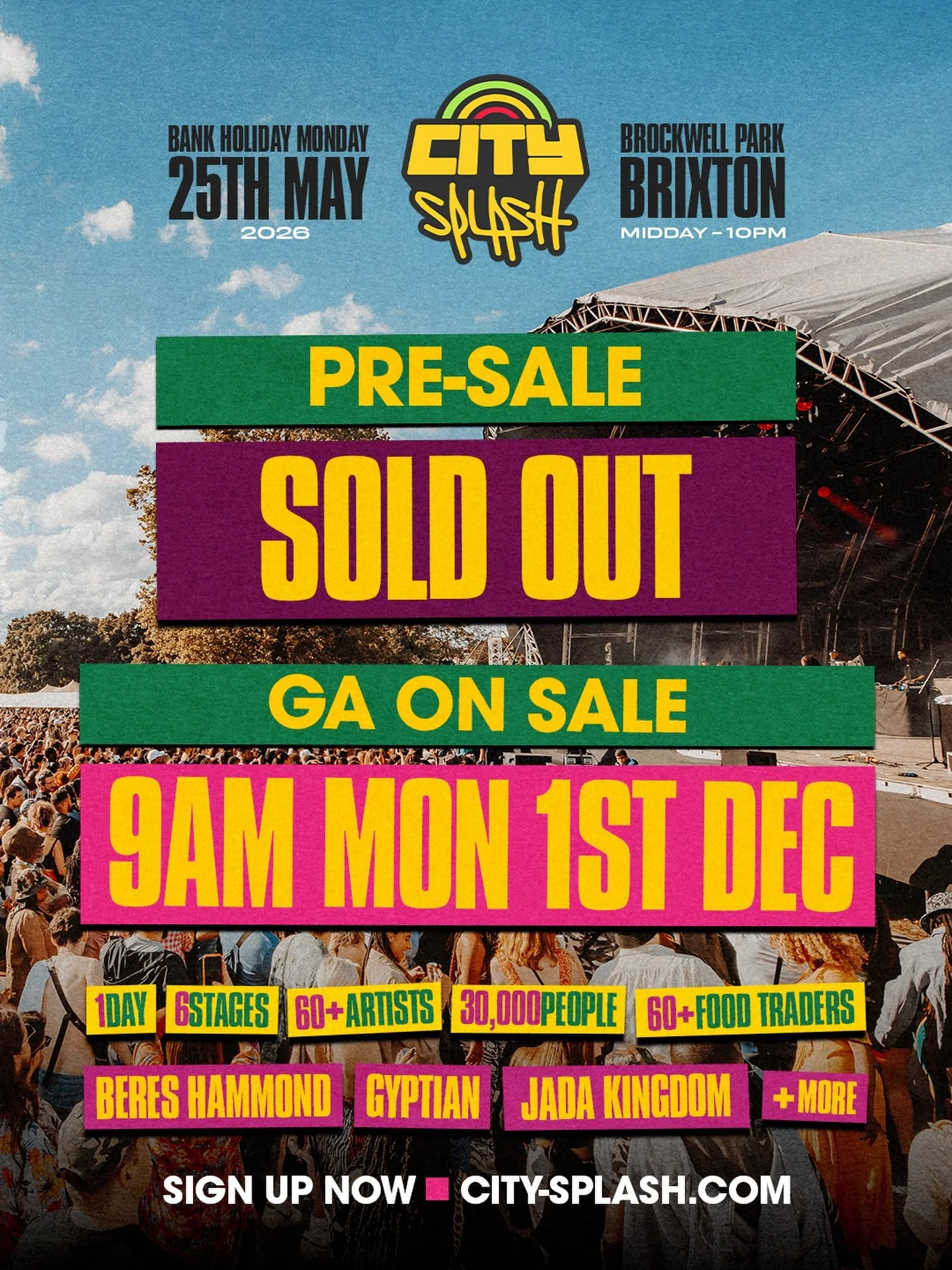 PRE-SALE TICKETS SOLD OUT 🚨‼️

General tickets go on sale Monday 9am, Dec 1st. 🎟️

Payment plans &amp; group tickets will also be available for our general release. Sign up now so you don&rsquo;t miss it. 💛

#CitySplash #TheHomeOfCulture