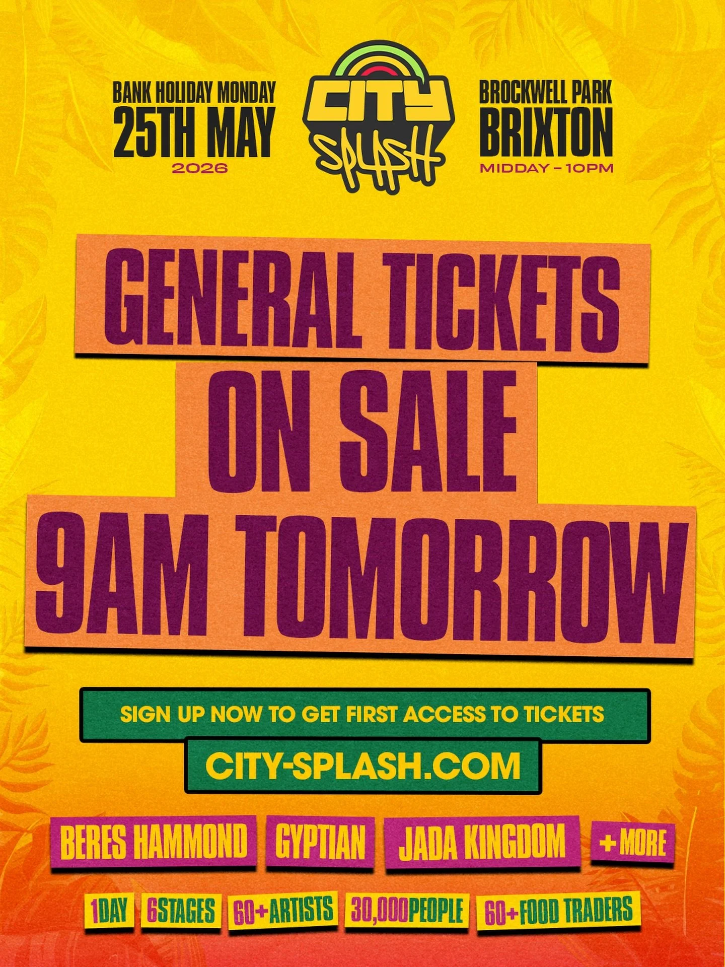 Set your alarms! 🚨

Our general release tickets go on sale TOMORROW 9am.

Our pre-sale tickets SOLD OUT. If you missed it, here&rsquo;s your opportunity to secure a spot at the BIGGEST City Splash yet. 💛

Sign up now to get notified first tomorrow 