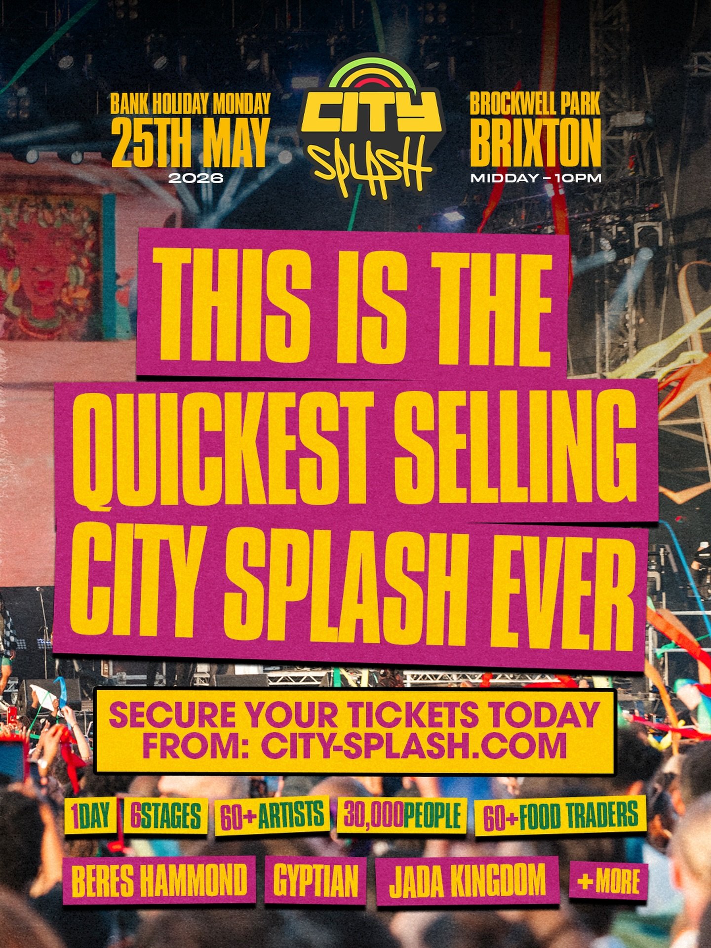 This is set to be the BIGGEST City Splash yet with tickets selling at record speeds 🔥

If you haven&rsquo;t got yours yet, now&rsquo;s your chance to secure your spot for the worlds BIGGEST 1 day celebration of Caribbean &amp; African music &amp; cu