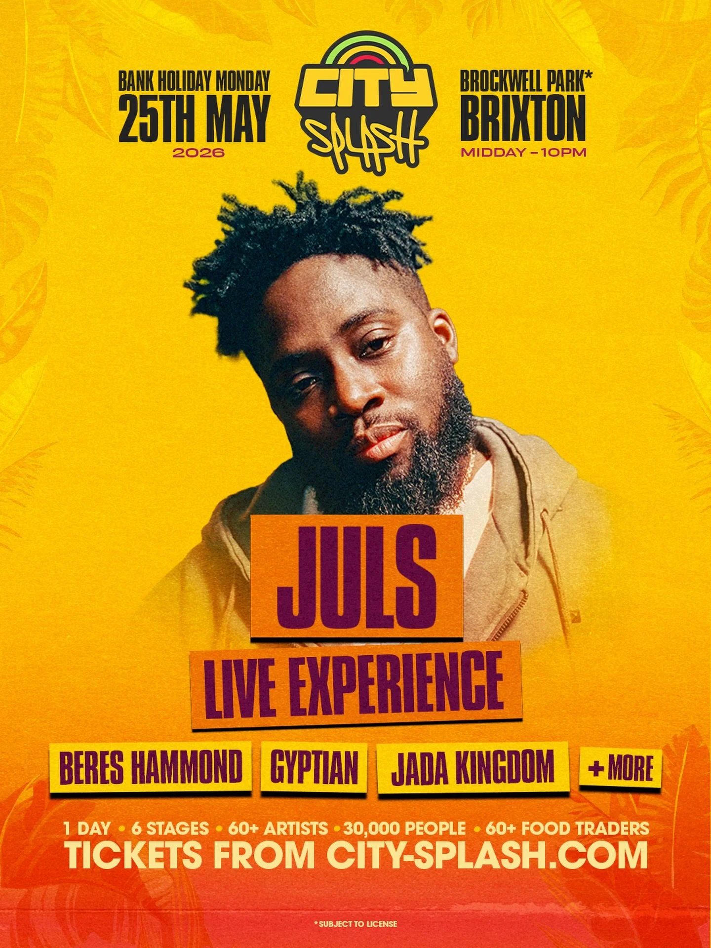 Juls the London born Ghanaian producer singer &amp; songwriter is ready with his full live band to give an immersive live experience &amp; light the City Splash stage up this May. 🔥🔊

Click the link in our bio to see him! We&rsquo;re selling at rec