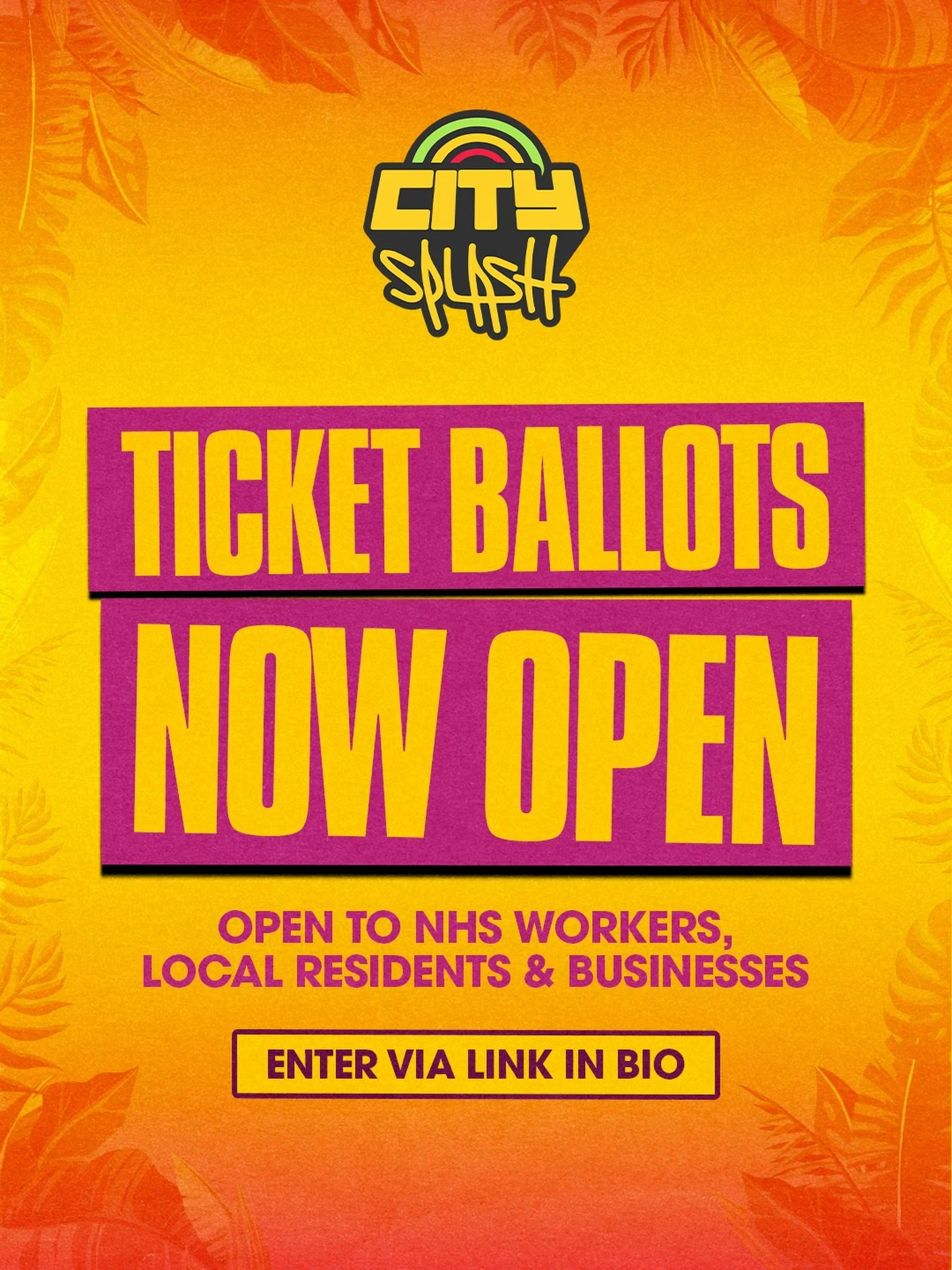 NHS Staff, local residents &amp; businesses! 🚨

We&rsquo;ve just opened our ballots for the chance to win a ticket for this years edition of City Splash ❤️

NHS ballots closes: 4th February &amp; winners will be contacted 18th February 💛

Local bal