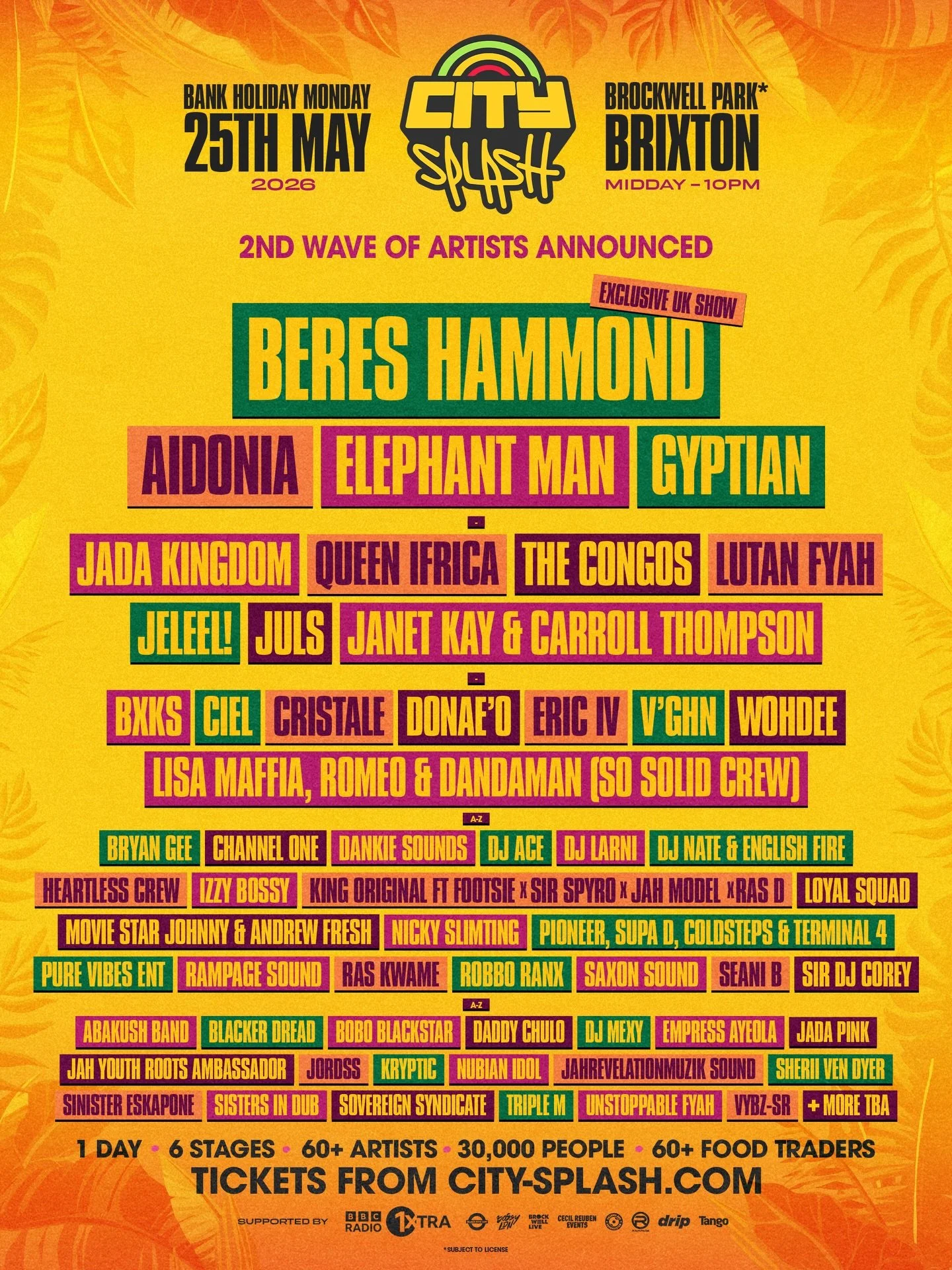 THE 2ND WAVE OF CITY SPLASH 2026 ARTISTS ARE HERE 🔥🔥🔥
⁠
We are excited to announce our second wave of new additions! The iconic Aidonia, Elephant Man, Janet Kay &amp; Carroll Thompson + SO many more will now join the legendary Beres Hammond, king 