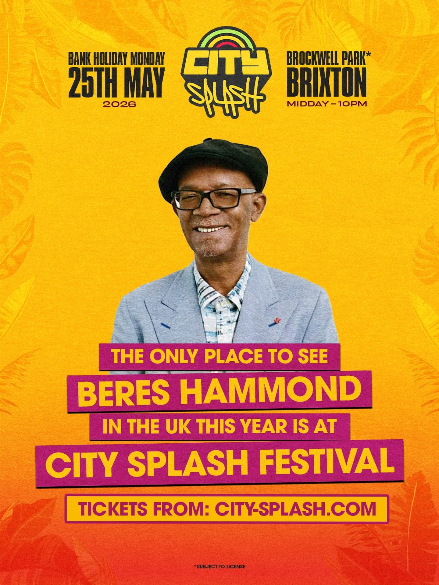 The ONLY place to see the LEGENDARY Beres Hammond LIVE in the UK this year is at City Splash Festival! 🔥🔥🔥  Catch him for his EXCLUSIVE iconic return performance after 8 years. Trust us the WHOLE family is coming out for this one. Don&rsquo;t be t