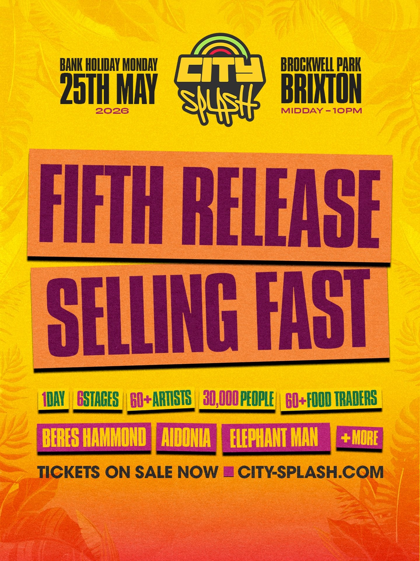 TICKETS SELLING FAST! DON&rsquo;T MISS OUT 🚨

Don&rsquo;t sleep, our fifth release of general tickets are FLYING. Lock in your spot now via the link in our bio before they sell out &amp; prices rise! 🎟️

#TheHomeOfCulture #CitySplash