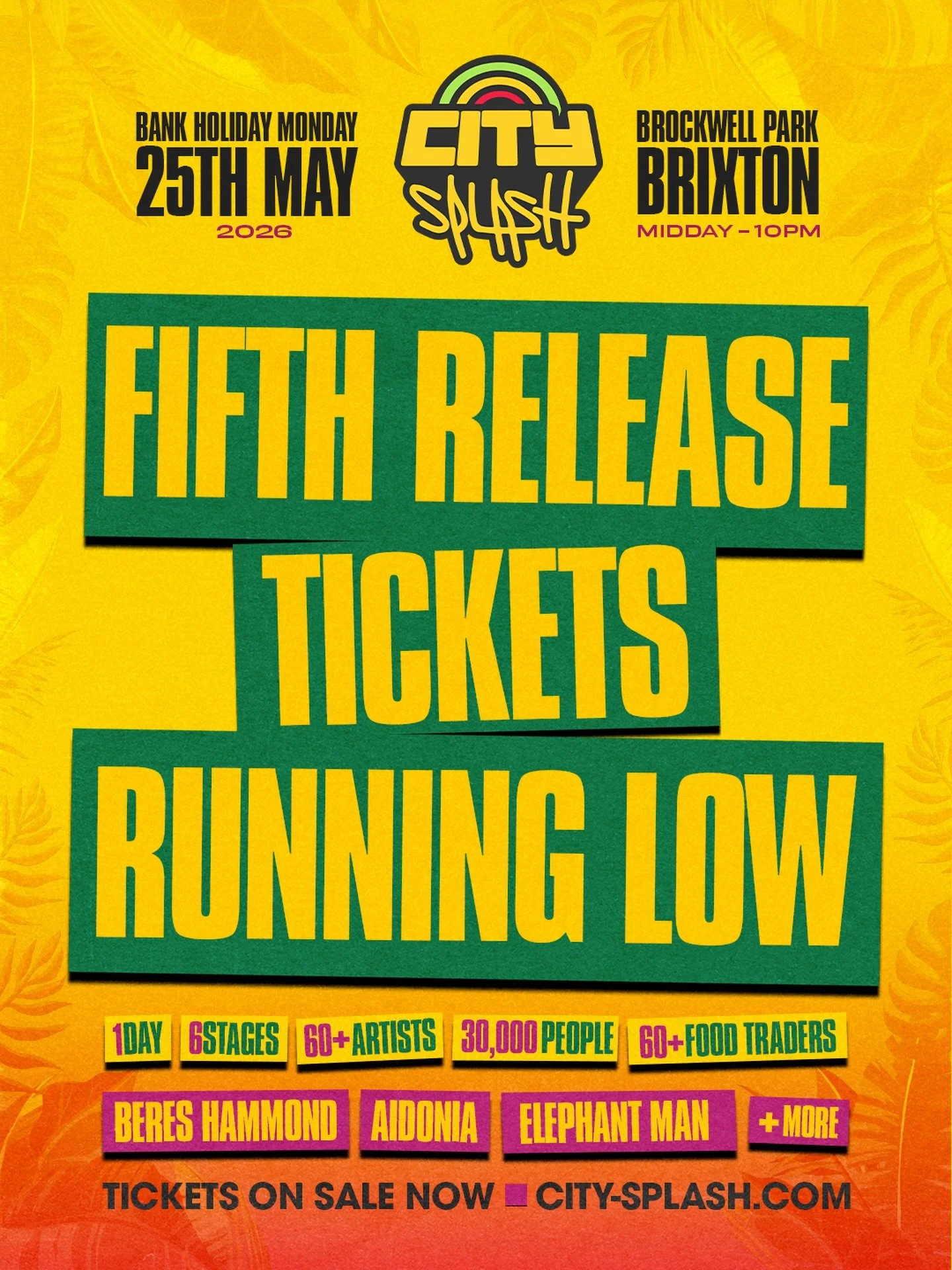 Final chance to lock in on our fifth release tickets 🔥

Visit the link in our bio to secure your spot today before they&rsquo;re GONE 🎟️

#CitySplash #TheHomeOfCulture