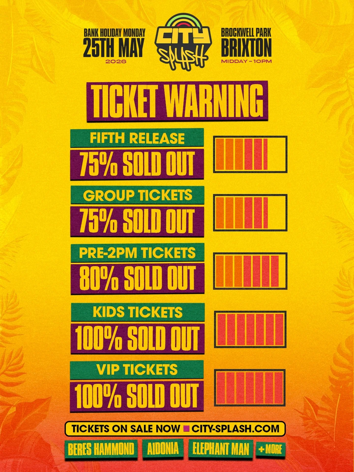 Tickets are running low &amp; time is ticking! 🚨  Fifth release running low 🎟️
Group tickets running low 🎟️
Pre 2pm tickets running low 🎟️ VIP tickets SOLD OUT ❌
Kids tickets SOLD OUT ❌

Click the link in our bio to get locked in on our tickets b