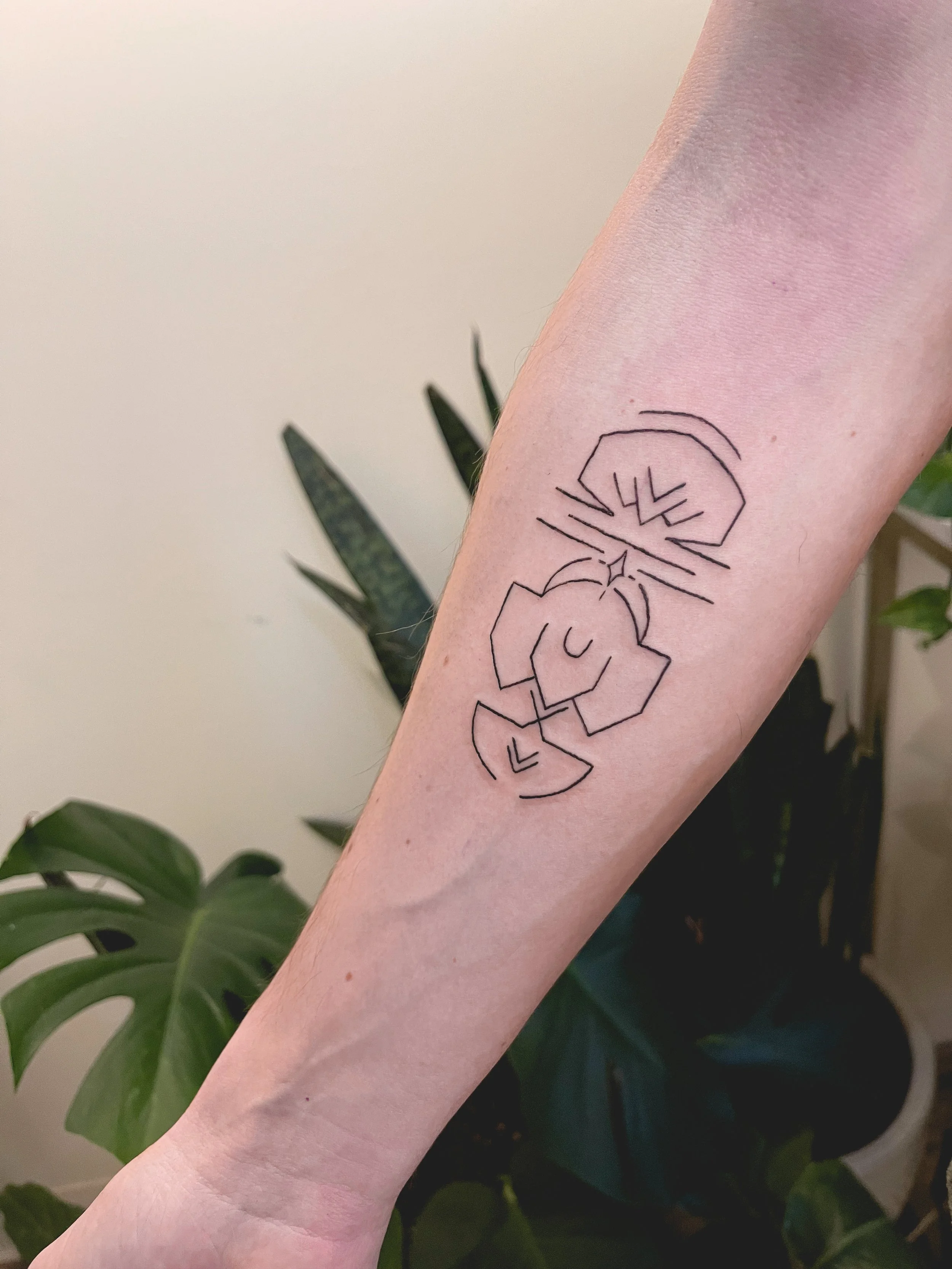 Minimalist black line tattoo on forearm featuring abstract shapes and lines, with a plant in the background.
