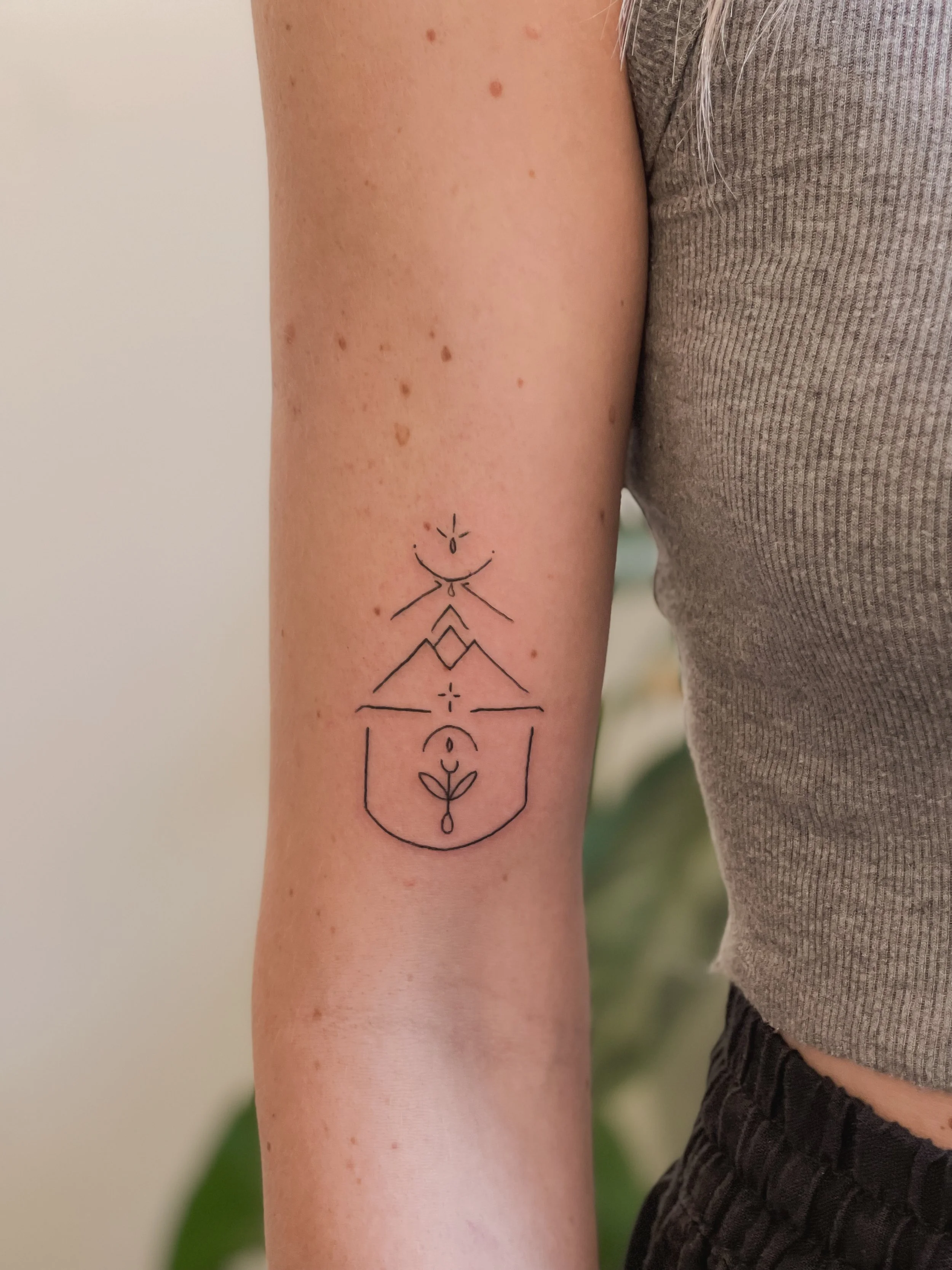 A minimalist black line tattoo on a person's forearm features a geometric, abstract representation of a plant or seed within a rounded shield shape, with symmetrical decorative elements above and below.