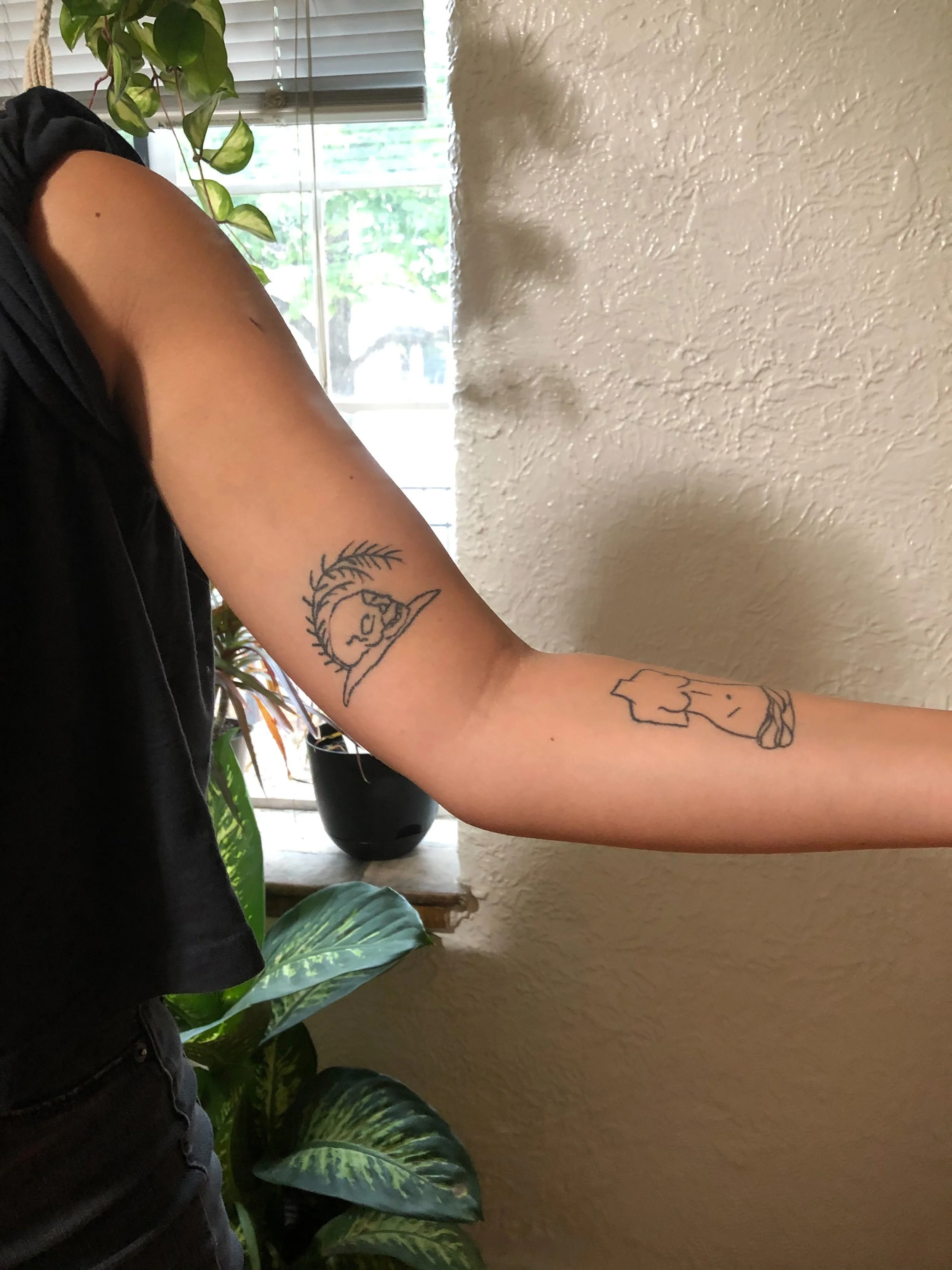 A person's arm with two tattoos, one of a sunrise or sunset with a person sleeping underneath, and another of a figure with a hat and sunglasses, and a scarf, near a window with plants and blinds.