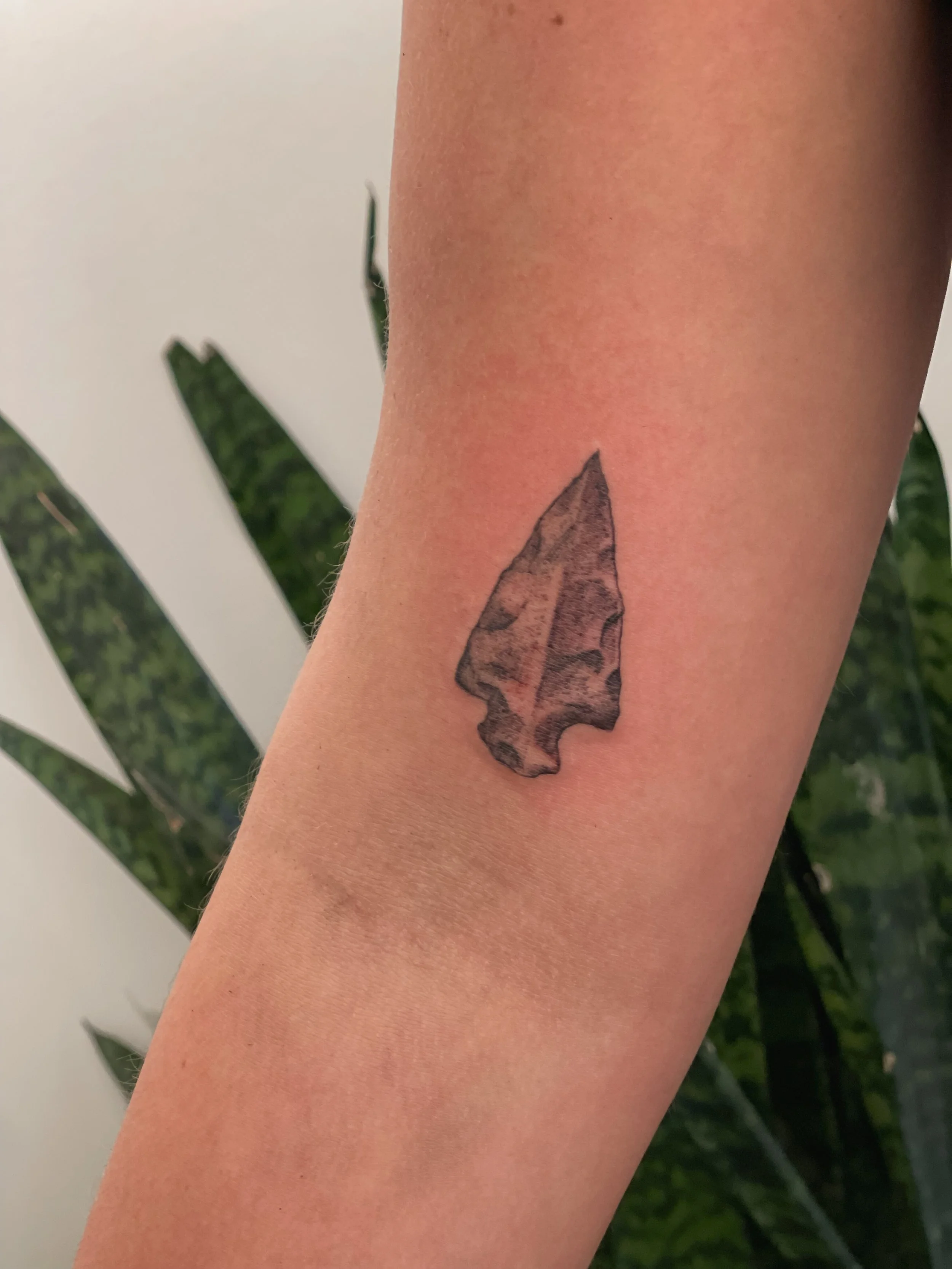Tattoo of an arrowhead on a person's forearm, with a background of white and green leafy patterns.