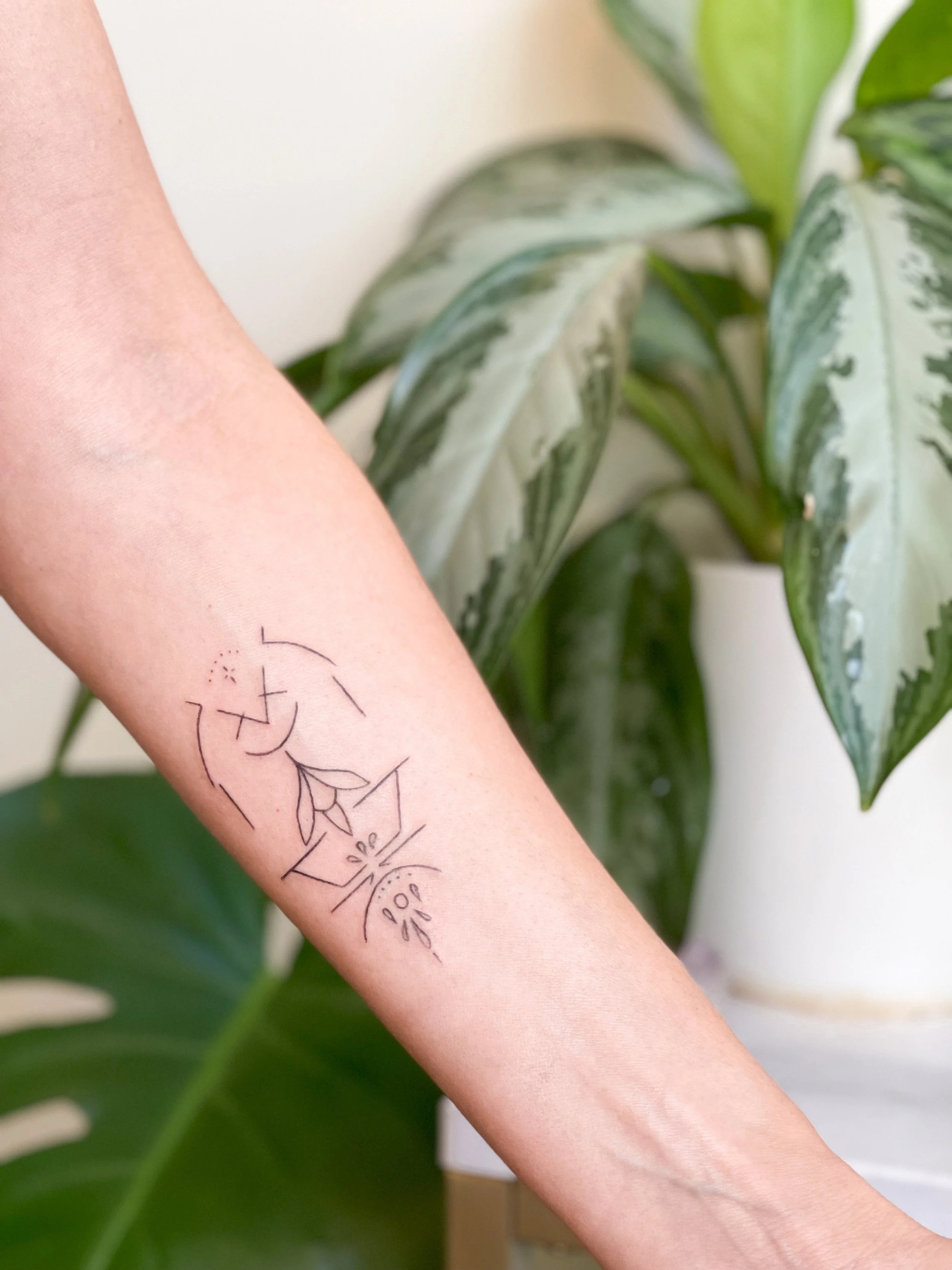 A person's forearm with a minimalist line tattoo of a woman with flowers in her hair, sipping from a cup with a steaming beverage and a small plant or flower underneath. In the background, there are green houseplants.