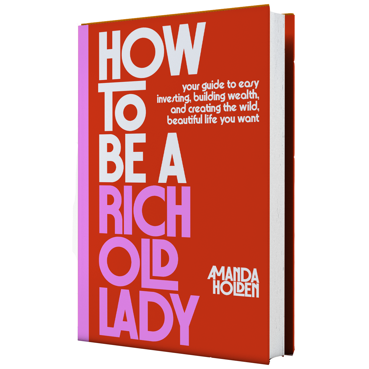 Book cover titled "How to Be a Rich Old Lady" by Amanda Holden, with a red background and large white and purple text.
