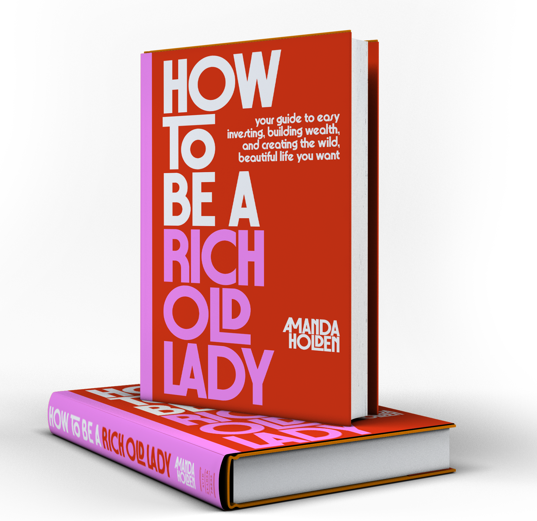 Cover of a book titled 'How to Be a Rich Old Lady' by Amanda Hollen, featuring large bold white and pink text on a red background with a purple spine.