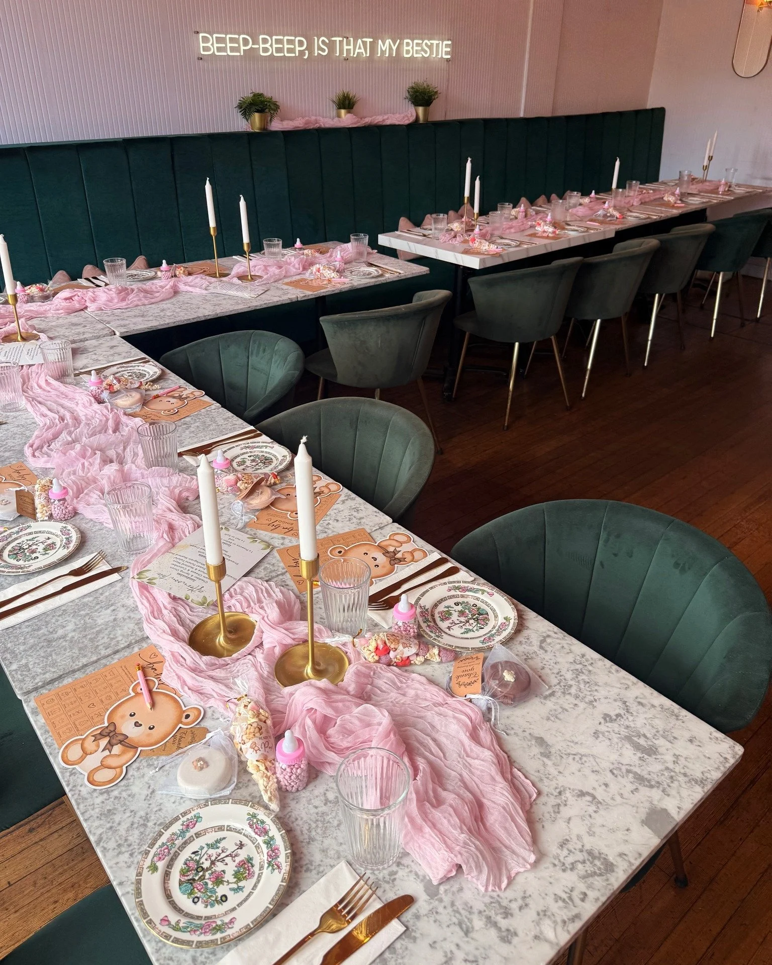 🎀 YOUR EVENT, BUT MAKE IT AUDREY ✨ Planning a baby shower, birthday, hen party or special celebration? 🥂Free pink or green cloths and gold candle hire.  Sunday's are for you! Hire our venue. Audrey Leicester can be transformed to create the perfect