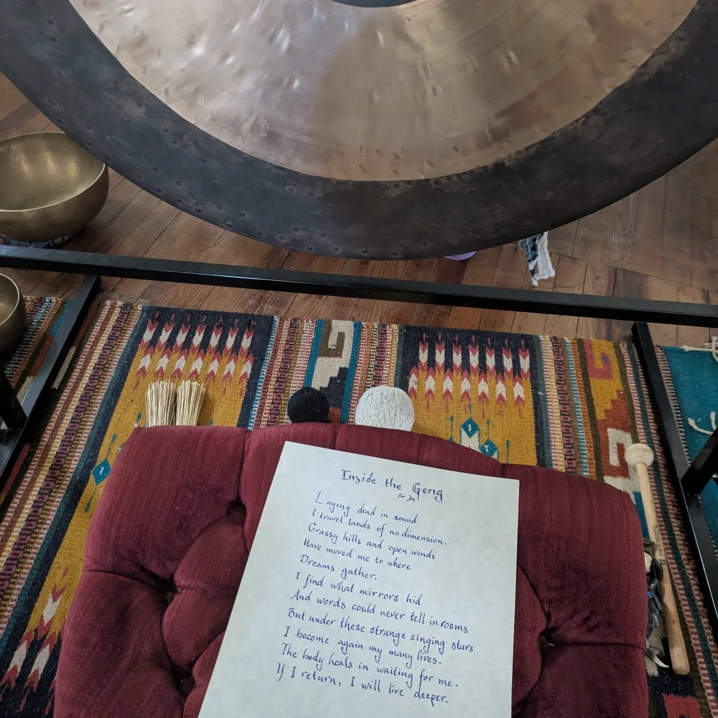 Inside the Gong
for Jen

Laying dead in sound
I travel lands of no dimension.
Grassy hills and open winds
Have moved me where
Dreams gather.
I find what mirrors hid
And words could never tell is rooms
But under these strange singing stars
I become ag