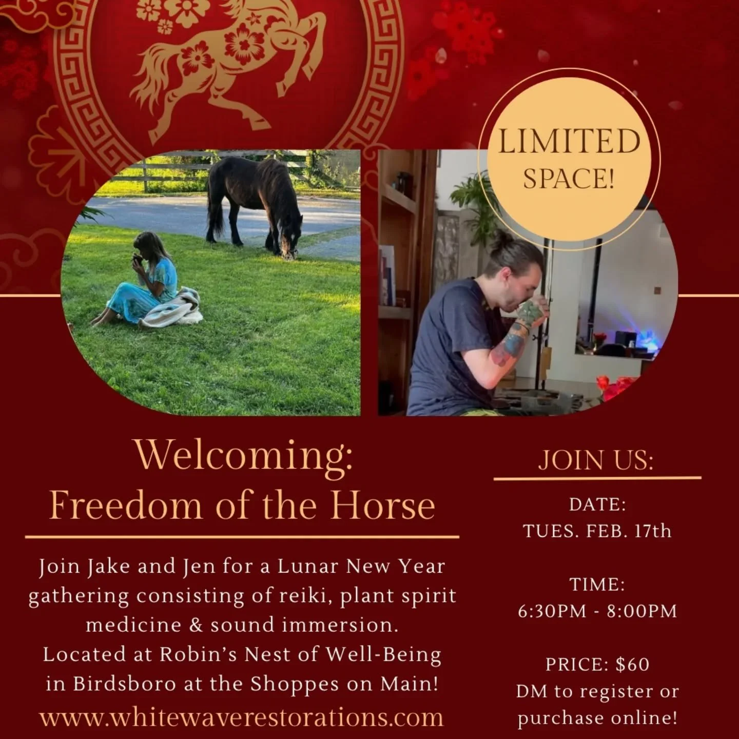 Clarify your mind, body &amp; spirit, stepping into the freedom &amp; strength of the Horse.

Jake will intuitively choose herbs that correspond with the lunar new year, new beginnings and horse energy.

Everyone will receive a smudging, which is a f