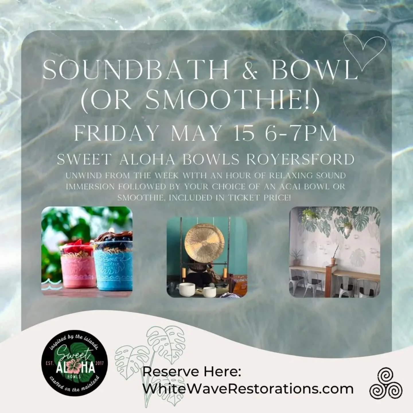 Unwind from the week with an hour of relaxing sound immersion at Sweet Aloha Bowls followed by your choice of an a&ccedil;a&iacute; bowl or smoothie, included in ticket price!

Kitchen is open for other orders at additional cost. Approaching sunset a