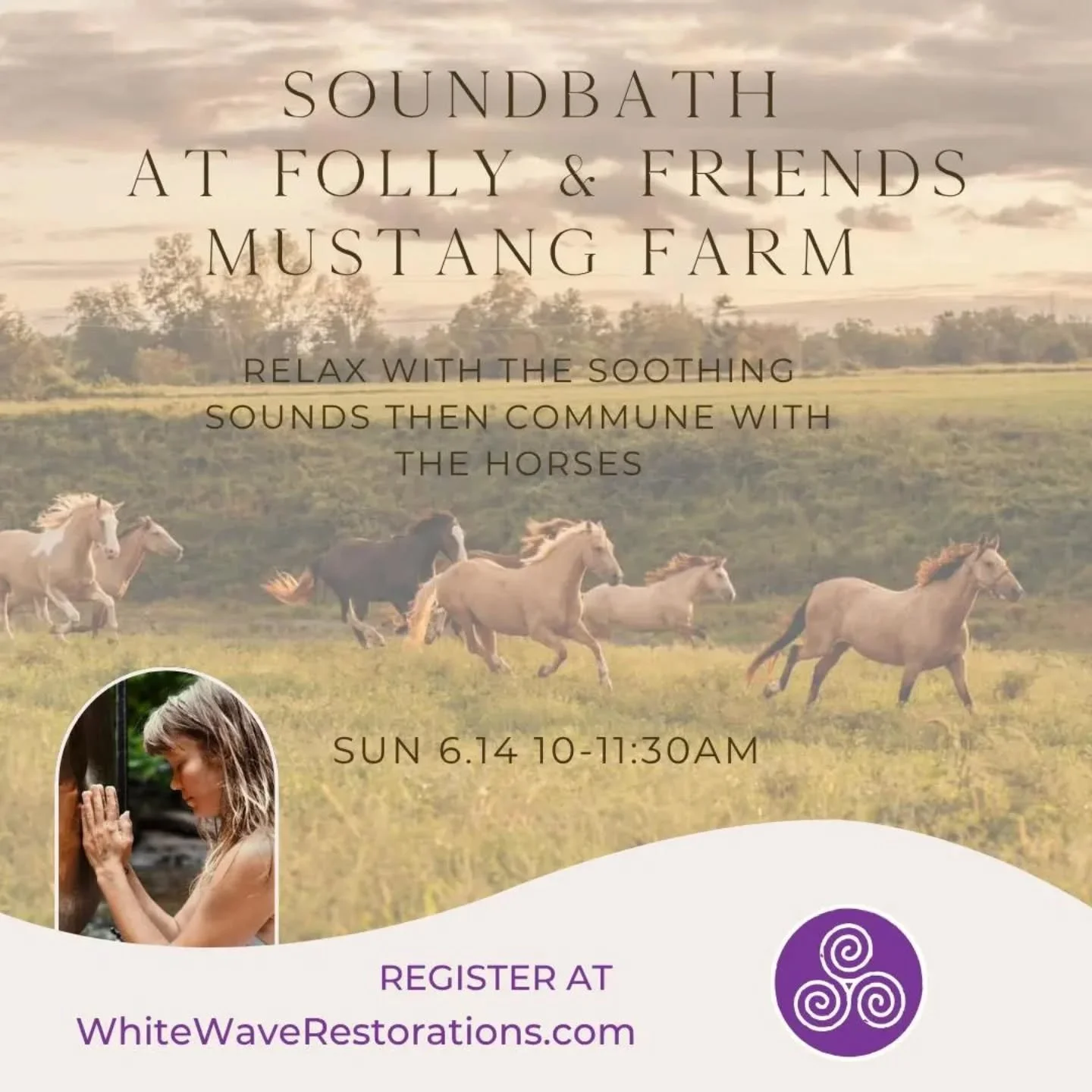 Excited to announce partnership with @follyandfriends Mustang Sanctuary in Birdsboro!

Enjoy immersing in soothing sounds of gentle gong, handpan, singing bowls, chimes and more while resting by a pond in a tranquil setting &amp; the horses are wande