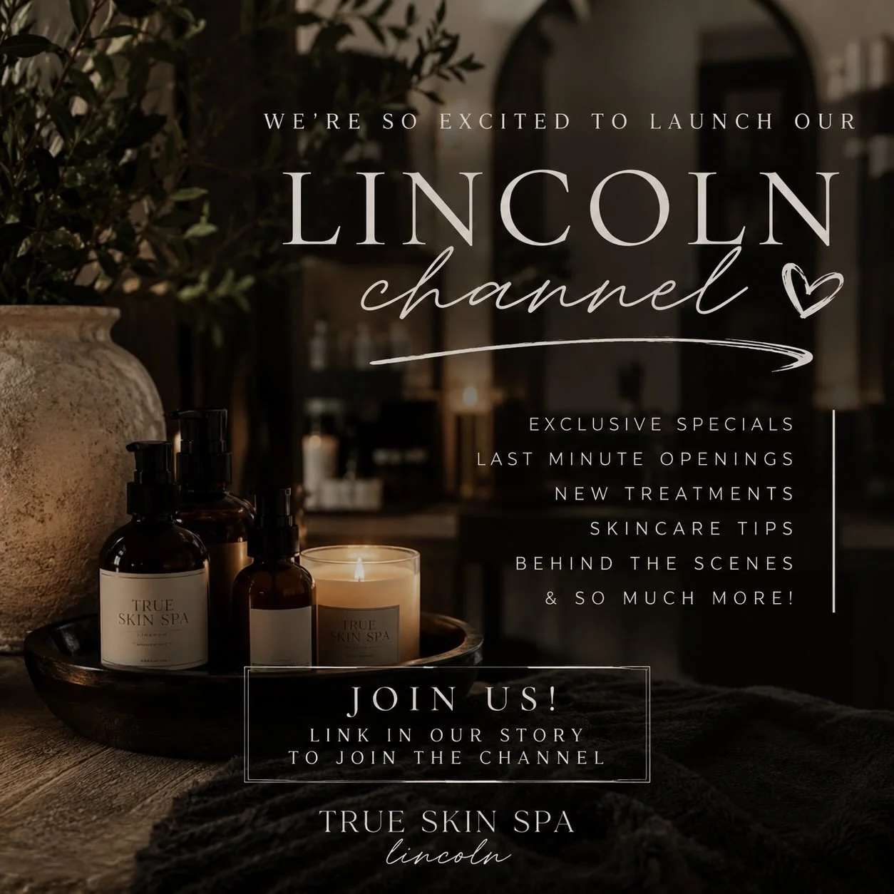 ✨ Lincoln friends&hellip; this one&rsquo;s for you! ✨

I&rsquo;m so excited to officially launch our True Skin Spa Lincoln Channel! 🤍

This is where you&rsquo;ll get:
&bull; Last-minute openings
&bull; Exclusive specials &amp; giveaways
&bull; New t