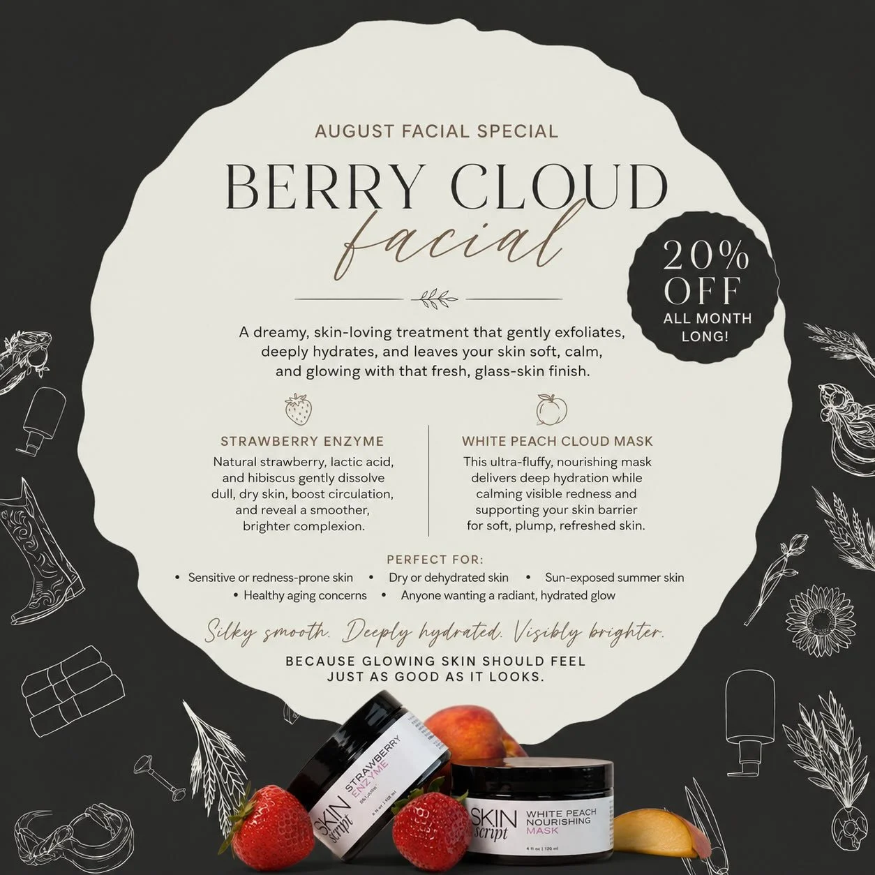 August Facial Special 🍓🍑

Our Berry Cloud Facial is the perfect blend of gentle exfoliation and intense hydration, designed to leave your skin soft, calm, and glowing with that fresh, glass-skin finish everyone loves. &nbsp;
We start with the Straw