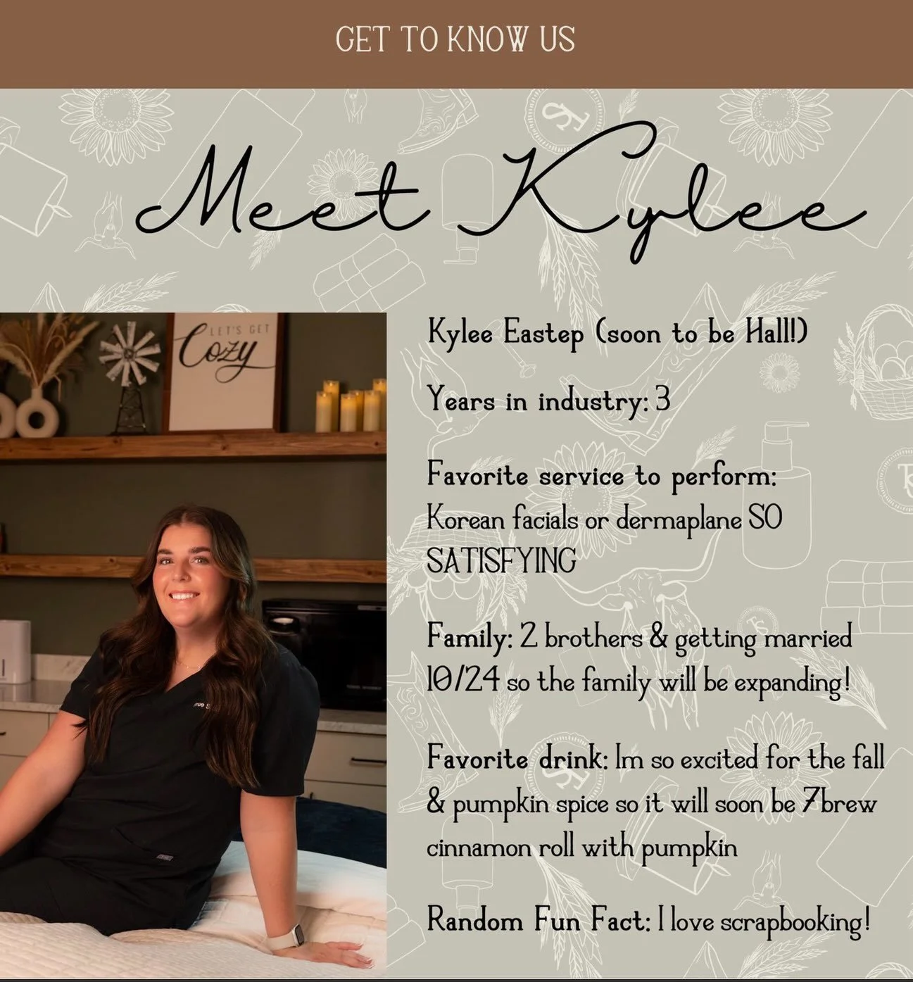 Meet Kylee!

Kylee has been with us for over two years and she is a true doll! she has such an exciting year and as stated above, she will be getting married next month! We are so excited for her!

In mid October, Kylee will no longer have Tuesday av