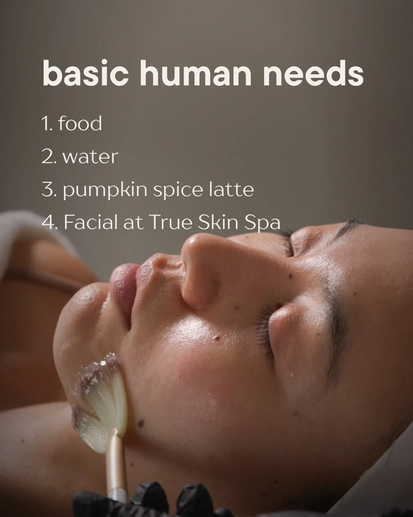 The essentials. We don&rsquo;t make the rules. 🤷&zwj;♀️🍂✨

Food. Water. Pumpkin spice. And obviously&hellip; a facial at True Skin Spa. 🤎

Consider this your sign to get that fall facial on the books. Your skin deserves to be part of the seasonal 