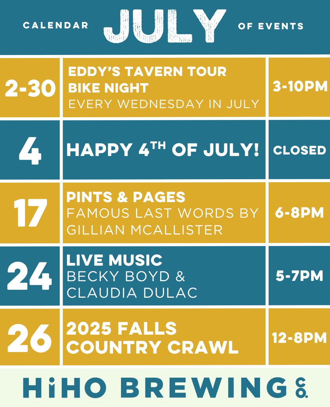 July at HiHO is stacked with good times! ☀️

Here&rsquo;s what&rsquo;s going down this month:
🚲 Eddy's Bike Shop Tavern Tour Bike Night
Every Wednesday | 3&ndash;10 PM

🎆Closed July 4th
Happy Independence Day!

📚 Pints &amp; Pages
July 17 | 6&ndas