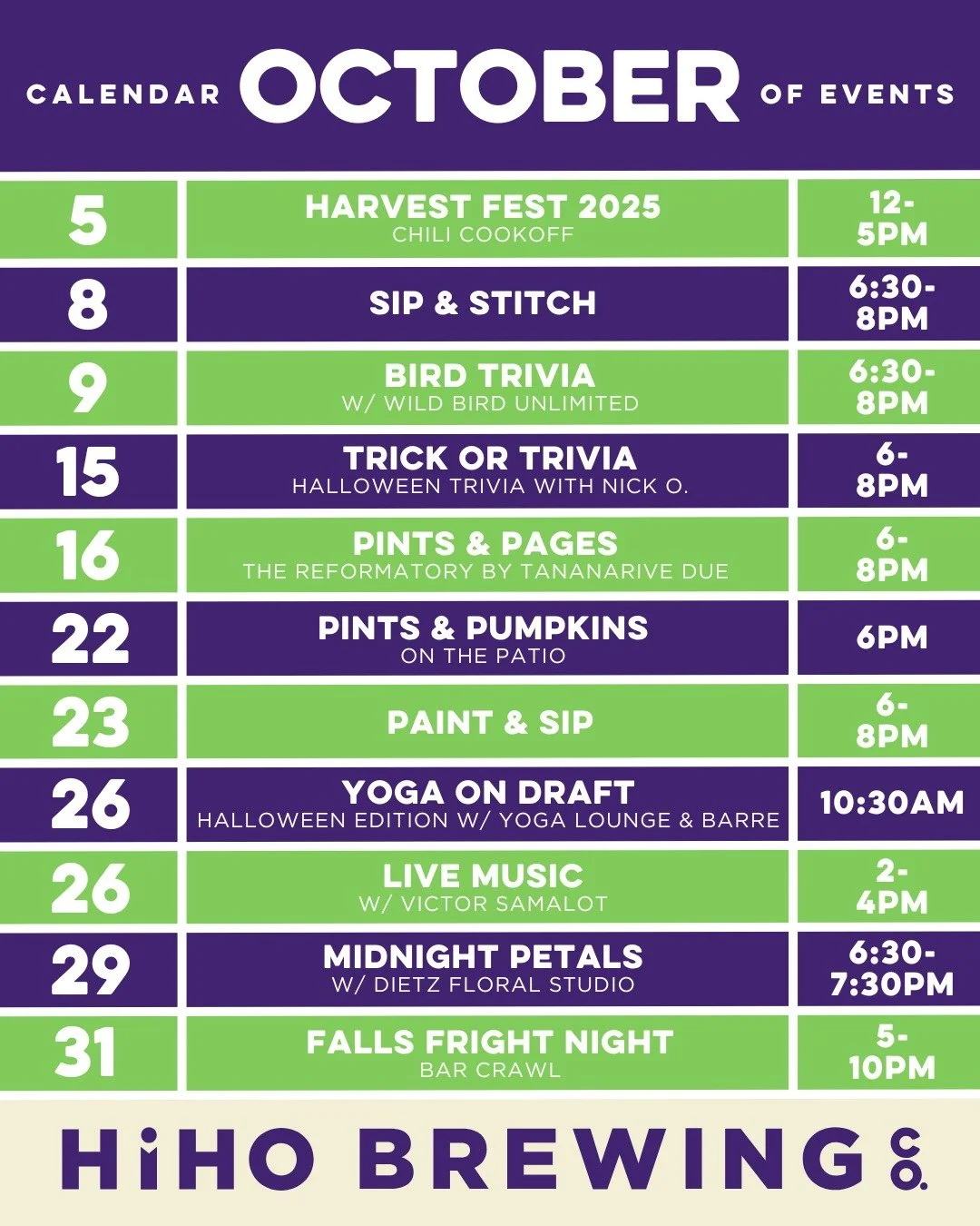 October is STACKED!!🎃

Here&rsquo;s what&rsquo;s going down all month long:
Oct 5 &ndash; Harvest Fest 2025 (Chili Cookoff) | 12&ndash;5PM
Oct 8 &ndash; Sip &amp; Stitch | 6:30&ndash;8PM
Oct 9 &ndash; Bird Trivia w/ @wbucuyahogafalls | 6:30&ndash;8P