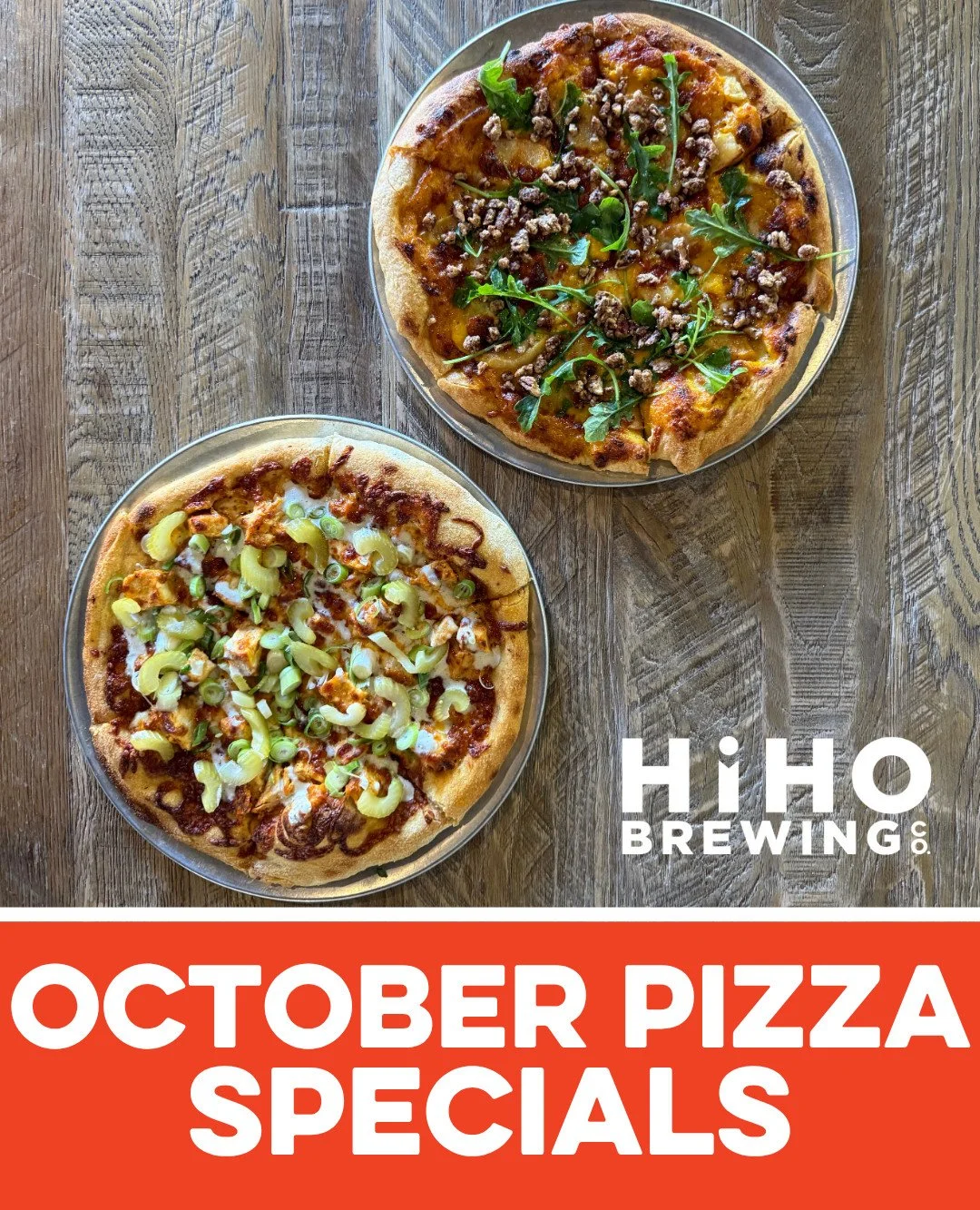 October Pizzas are HERE! These fall inspired pizzas are the prefect compliment to your favorite HiHO pint 🍻

Baker's: Buffalo chicken, freshly shredded 3 cheese blend on garlic oil topped with pickled celery, scallions and a blue cheese drizzle 🧀 P