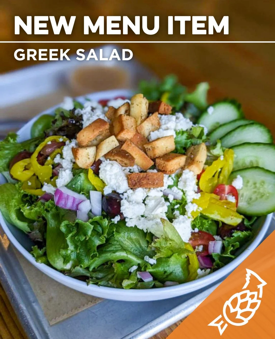Have you tried our Greek salad?

@freshncrispfarms local mixed greens, kalamata olives, banana peppers, feta, red onion, cucumber, and cherry tomatoes topped with toasted pita chips and served with house greek dressing.

Stop in the taproom and bring