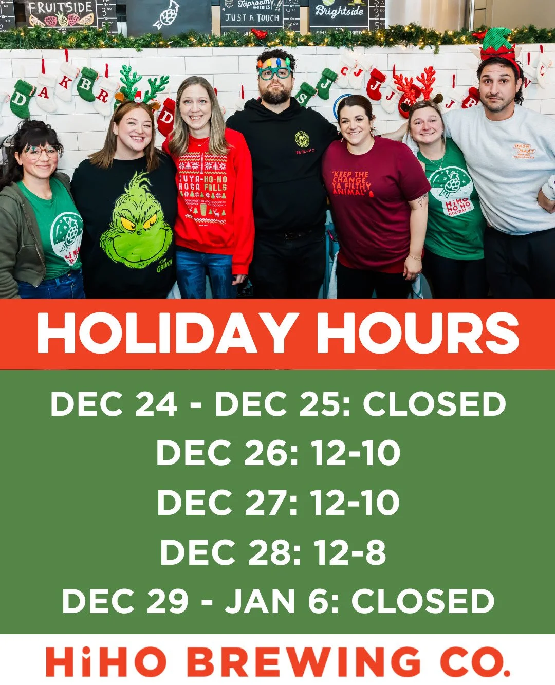 Here is a look at our Taproom Hours through the end of 2025! Happy Holidays and CHEERS to the New Year! 🎉

HiHO will be CLOSED on Wednesday 12/24 &amp; Thursday 12/25.

Normal Taproom Hours resume on 12/26-12/28. Make sure to stop in, grab a pint &a