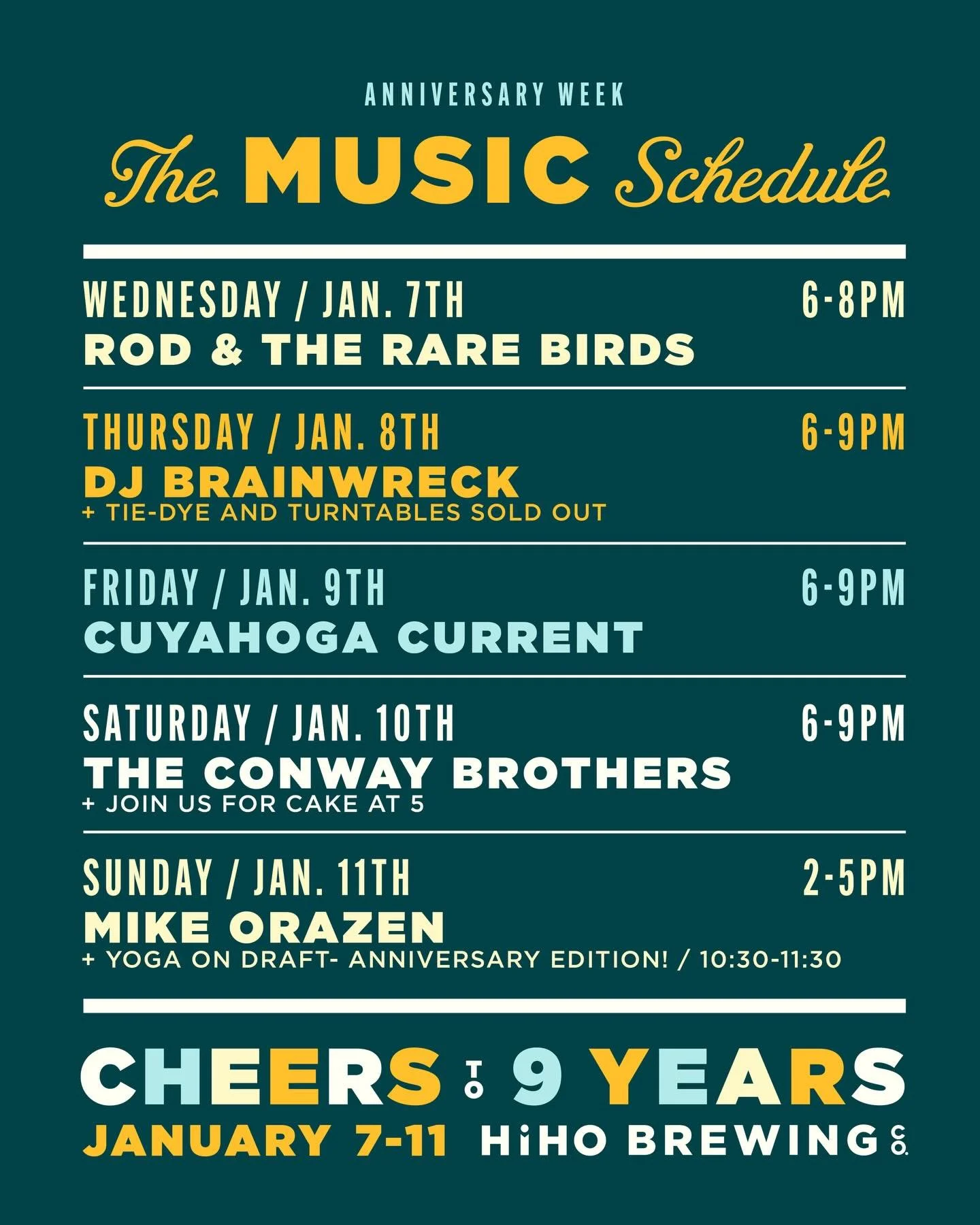 The LIVE MUSIC schedule is here for our Anniversary Week! We&rsquo;ve got some of our favorite local artists coming as well as some new friends we cant wait to hear!

Save the DATES January 7-11th!