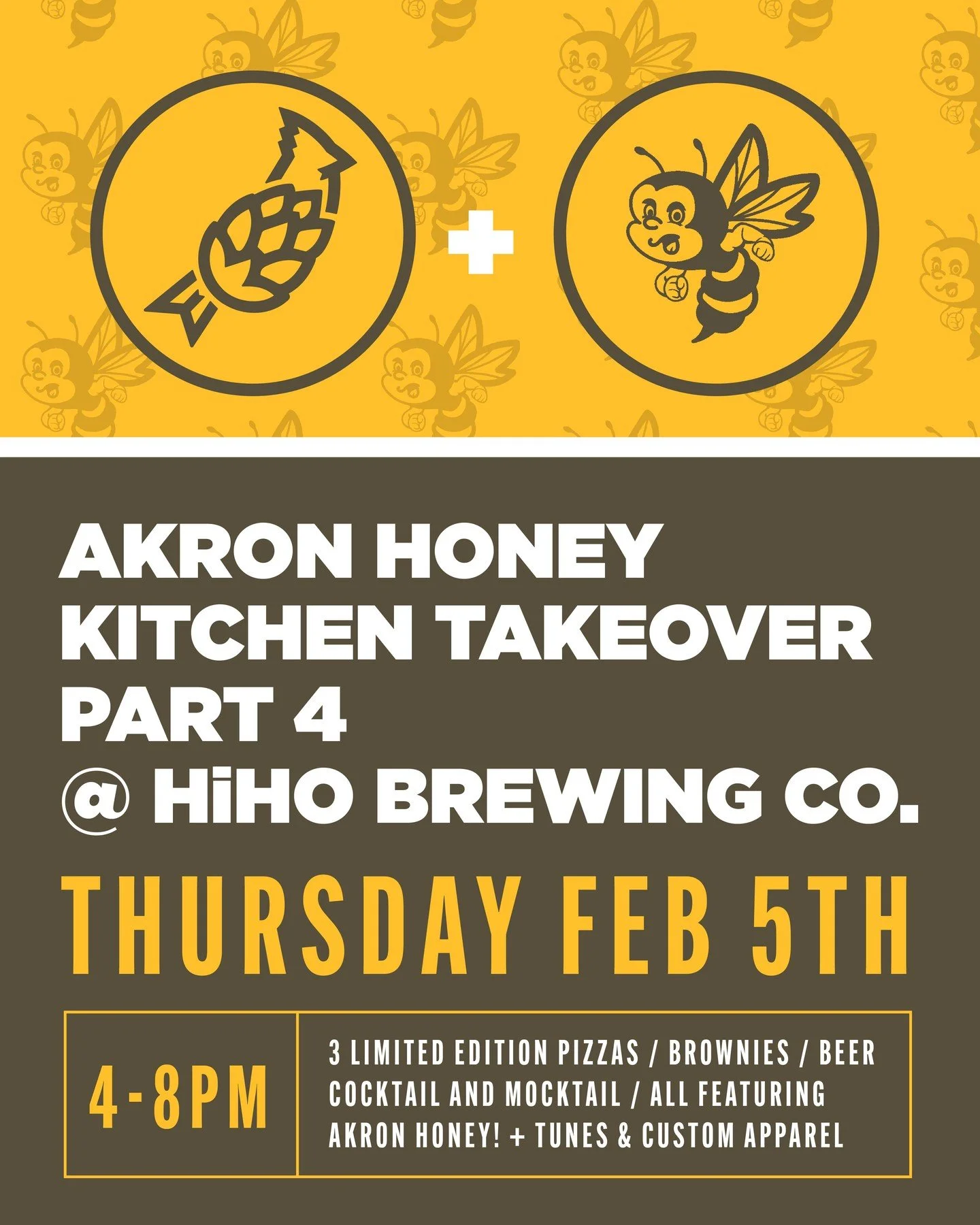 Live from the HiHO Brewing Co. taproom...It's the Akron Honey Kitchen Takeover Part 4!!!

Two cool brands 🍻🍯
One sweet menu 🍕🥨
One soul DJ bringing the vibes 🎶
ONE NIGHT ONLY!

Join us in the taproom on Thursday, February 5th from 4-8 PM  for an