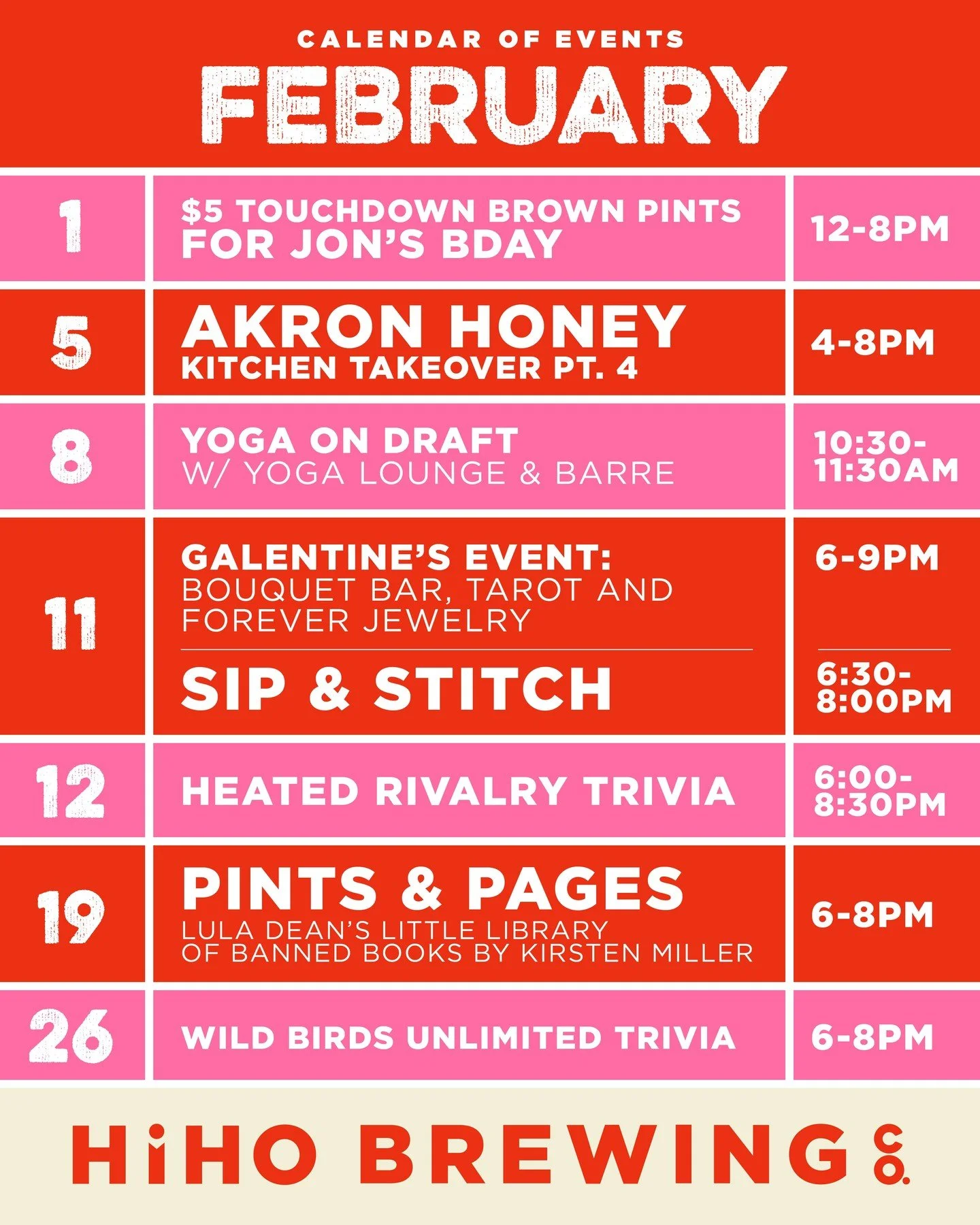 Happy February💕 

Here is a look at our upcoming events! 

🎉 Sunday, February 1st - $5 Touchdown Brown Pints to celebrate our Co-Owner Jon&rsquo;s Birthday
🍯 Thursday, February 5th - @akronhoney Kitchen Takeover Pt. 4 
🙏  Sunday, February 8th - @