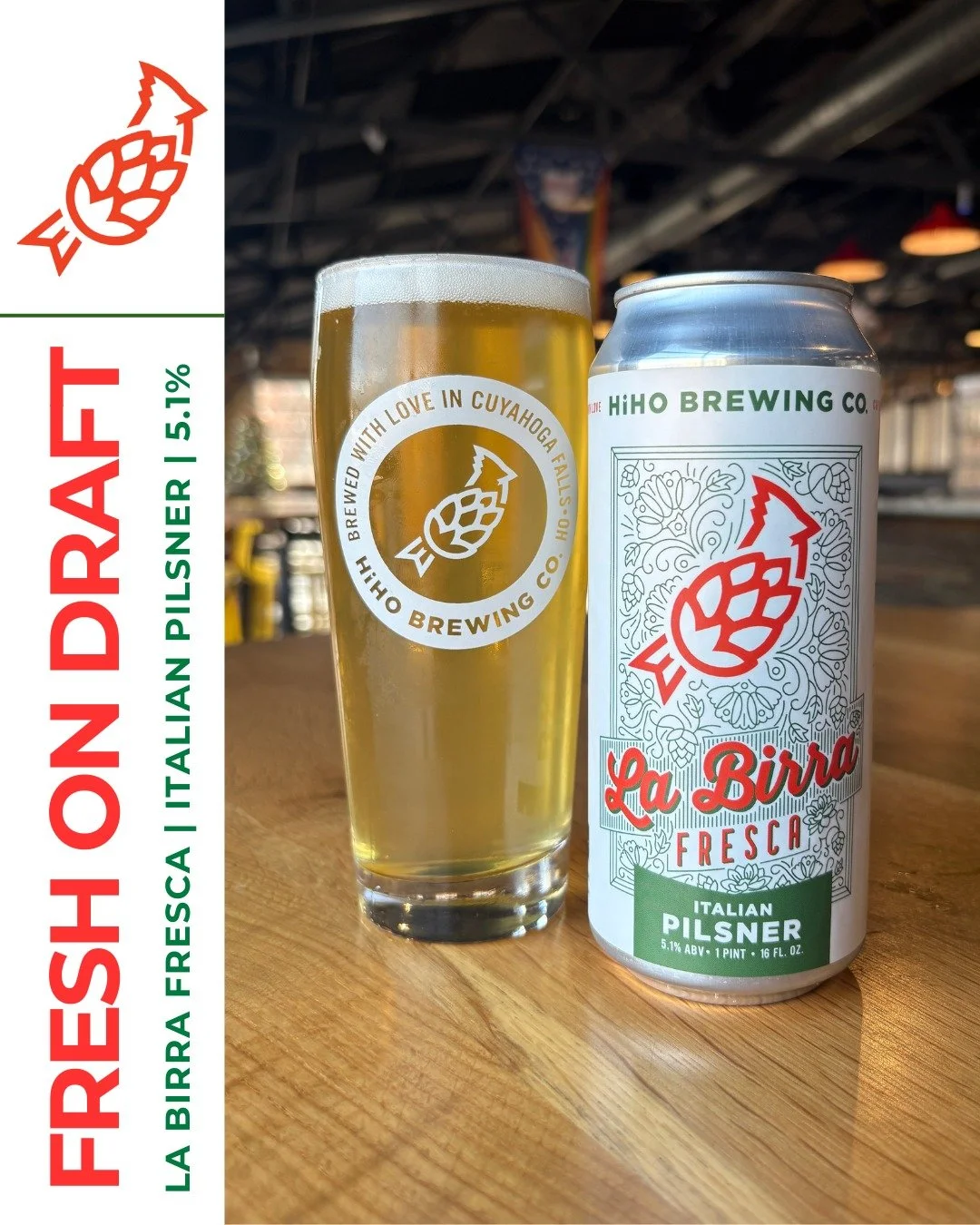 La Birra Fresca is BACK! Fresh on draft and in 4-packs!🍻

This crisp Italian Pilsner is brewed with Saphir hops, giving it aromatic herbal and floral notes. It is light in body and color, making it the perfect beer to drink with a pizza.🍕

Taproom 