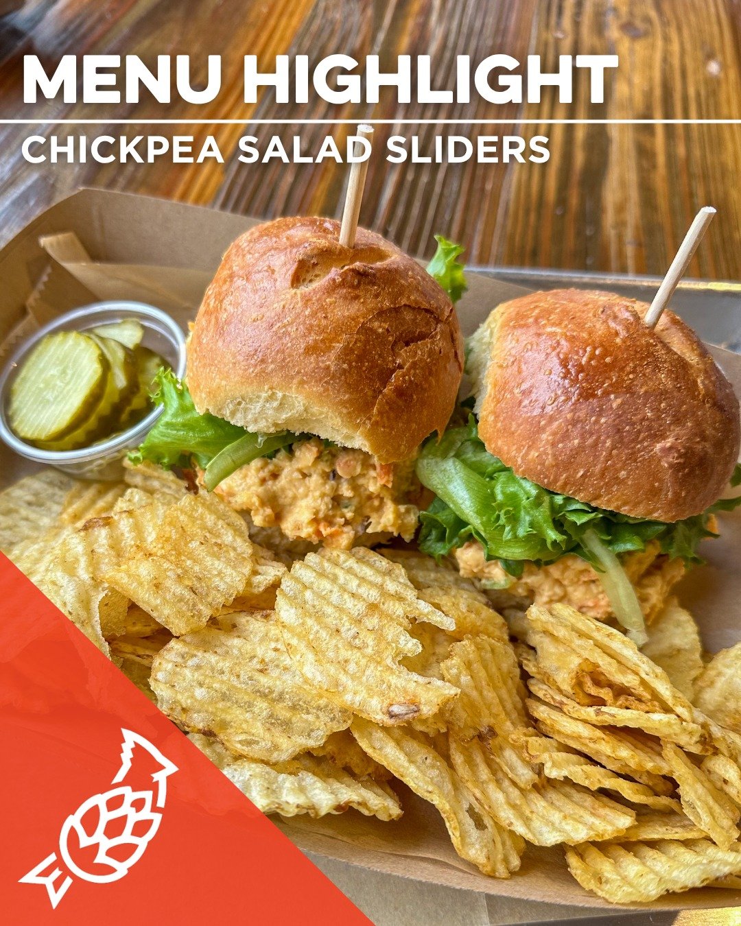 A Spring favorite is back... Chickpea Salad Sliders! 

Fresh chickpea salad topped with local lettuce on freshly baked Brioche buns, served with dill pickles &amp; kettle chips 🥬

Pop in this week, grab a pint, and give these a try! 

We're OPEN:
We