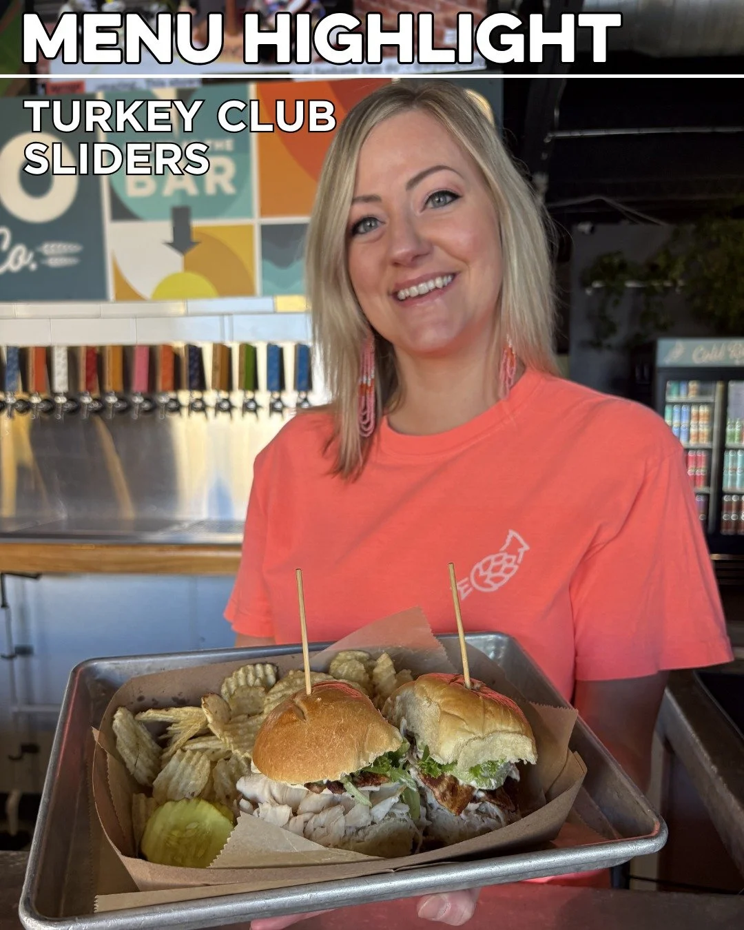 MENU HIGHLIGHT: Turkey Club Sliders!

These sliders are made with freshly sliced roasted turkey breast, bacon, provolone, lettuce, tomato and black pepper aioli on fresh baked Brioche buns, served with dill pickles &amp; kettle chips.

Be sure to sto