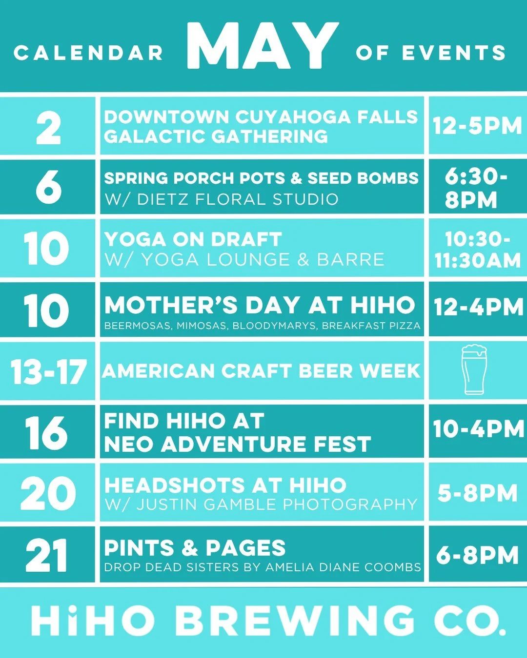 Happy MAY!☀️

Here is a look at upcoming events:

💫Saturday, May 2nd -  Downtown Cuyahoga Falls Galactic Gathering 
🪴Wednesday, May 6th - Spring Porch Pots &amp; Seed Bombs with @dietzfloralstudio
🙏Sunday, May 10th - @yogaondraft with @yogaloungeh