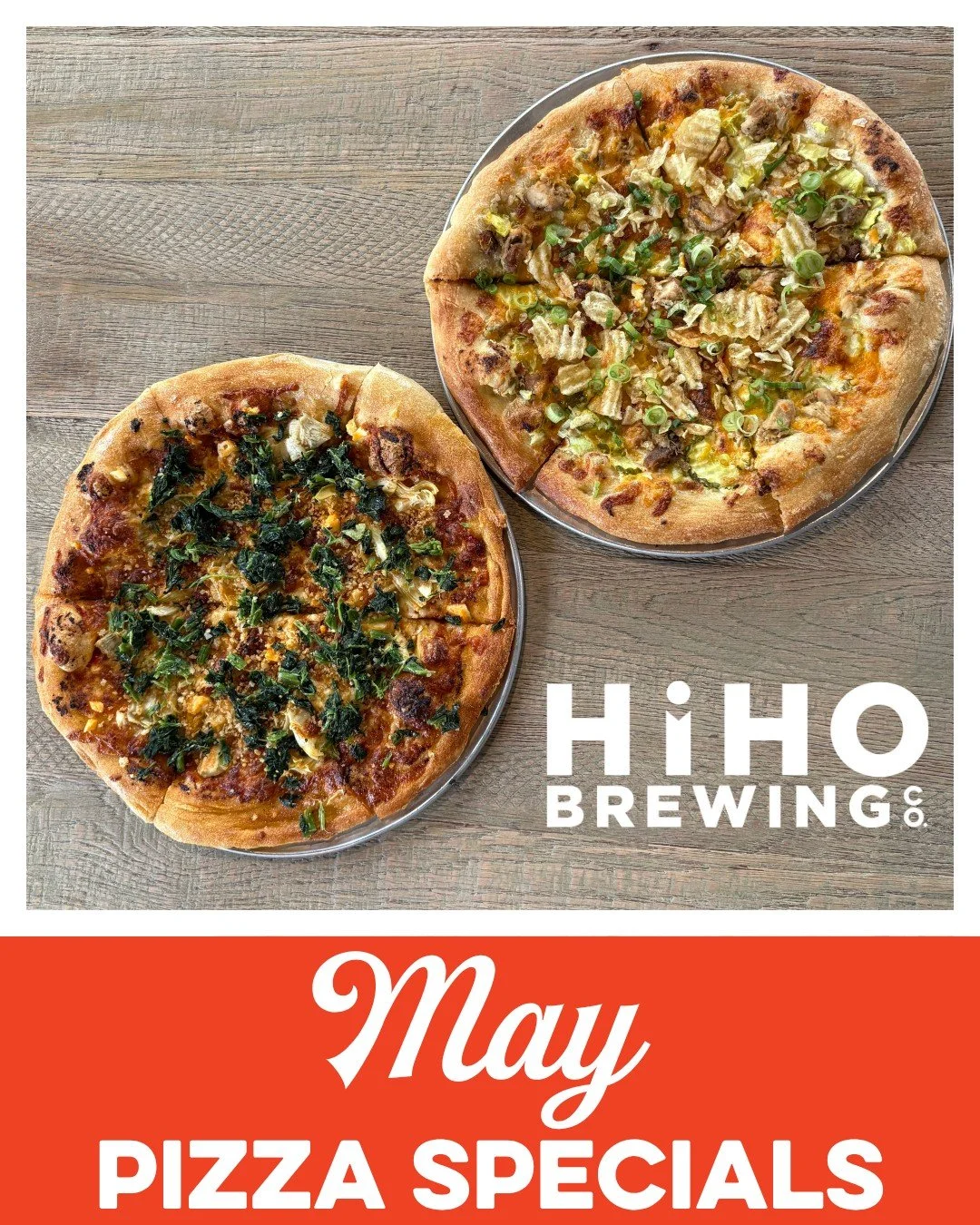 New month, new pizzas! Here are the MAY specials!🍕

Baker's Special: Smoked chicken, dill pickles, freshly shredded 3 cheese blend on a creamy cheddar, dill and jalape&ntilde;o spread topped with crunchy kettle chips and chives. 

Veggie Special: Ar