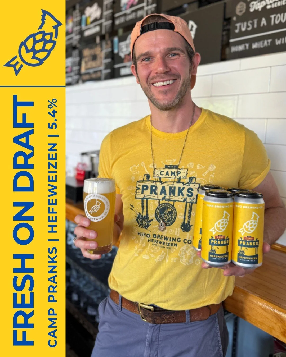 FRESH ON DRAFT: Camp Pranks🏕️

A traditional German Wheat Beer with heavy upfront aroma of clove and banana, followed by a touch of bubblegum. Soft, well rounded, welcoming, and kind to your taste buds. Camp Pranks was brewed in honor of our bud, Ja