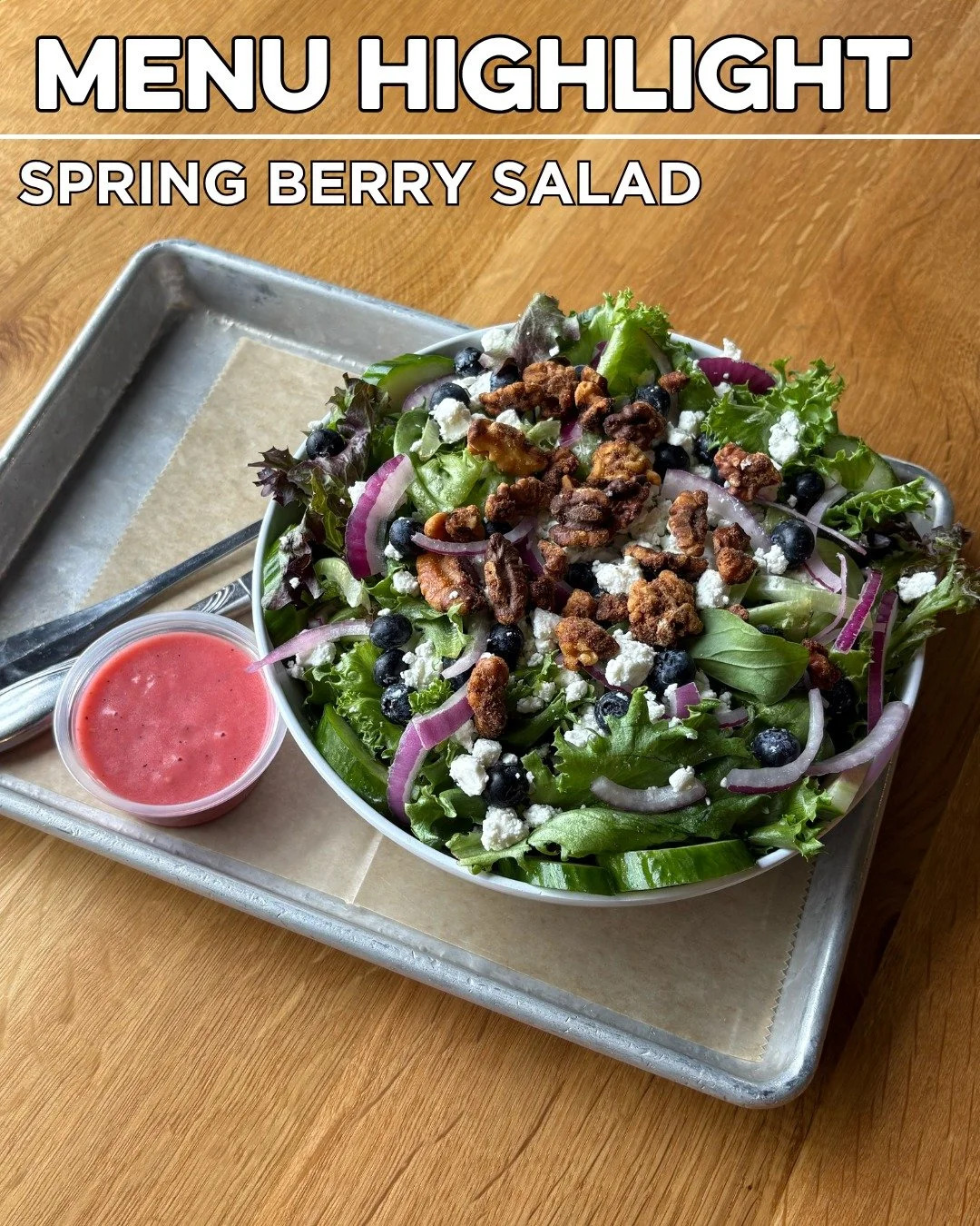 MENU HIGHLIGHT: Spring Berry Salad🫐

This refreshing Spring Salad has local mixed greens, fresh blueberries, goat cheese, red onion, and cucumber. It is topped with chopped walnuts &amp; served with a house made raspberry vinaigrette dressing.

A pi