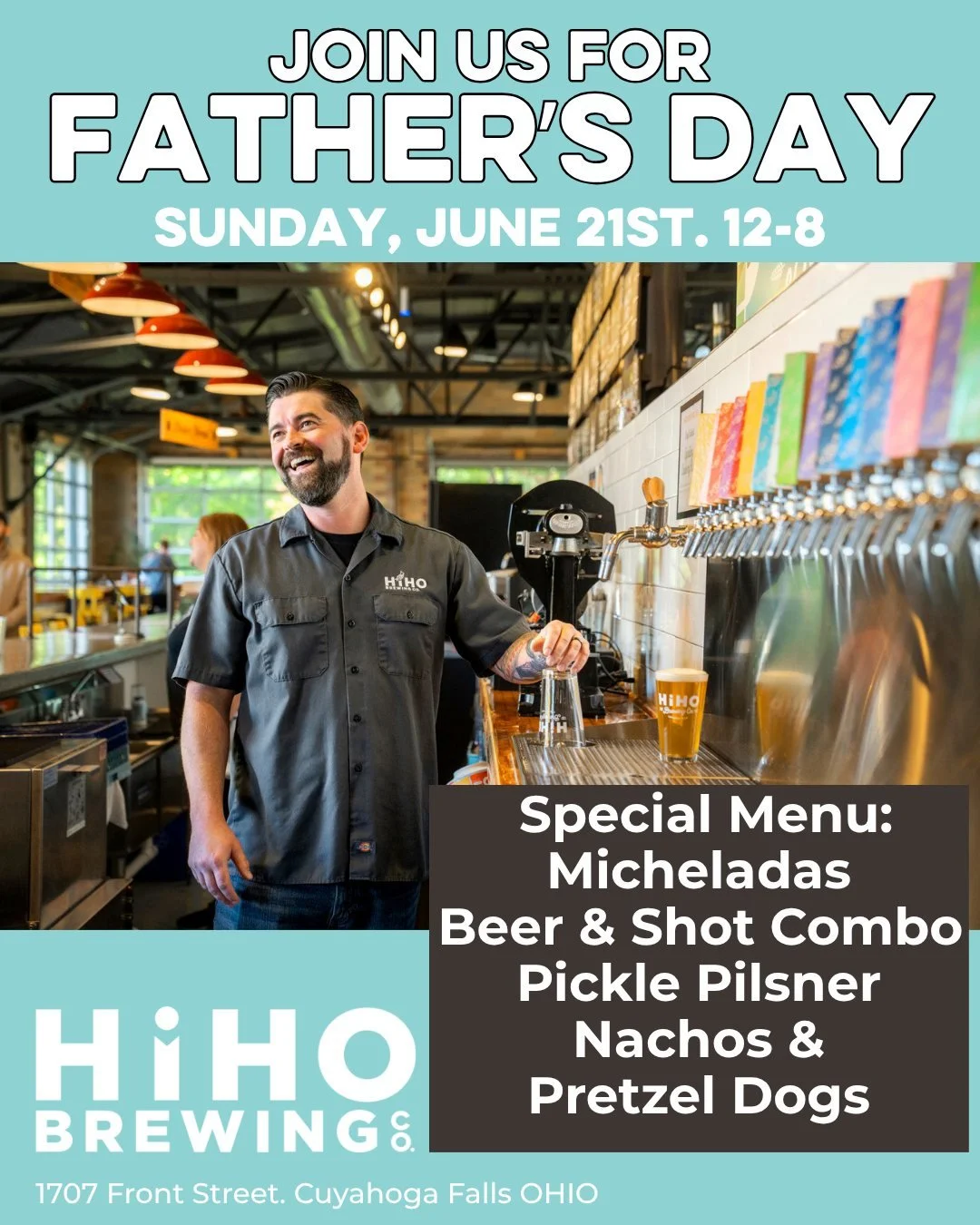 Join us for Father's Day at HiHO!🍻

Enjoy Micheladas, Beer &amp; Shot Combos, Pickle Beer, Nachos &amp; Pretzel Dogs, along with our classic taproom menu on Sunday, June 21st from 12-8. 

Bring dad or your favorite father figure and enjoy some cold 