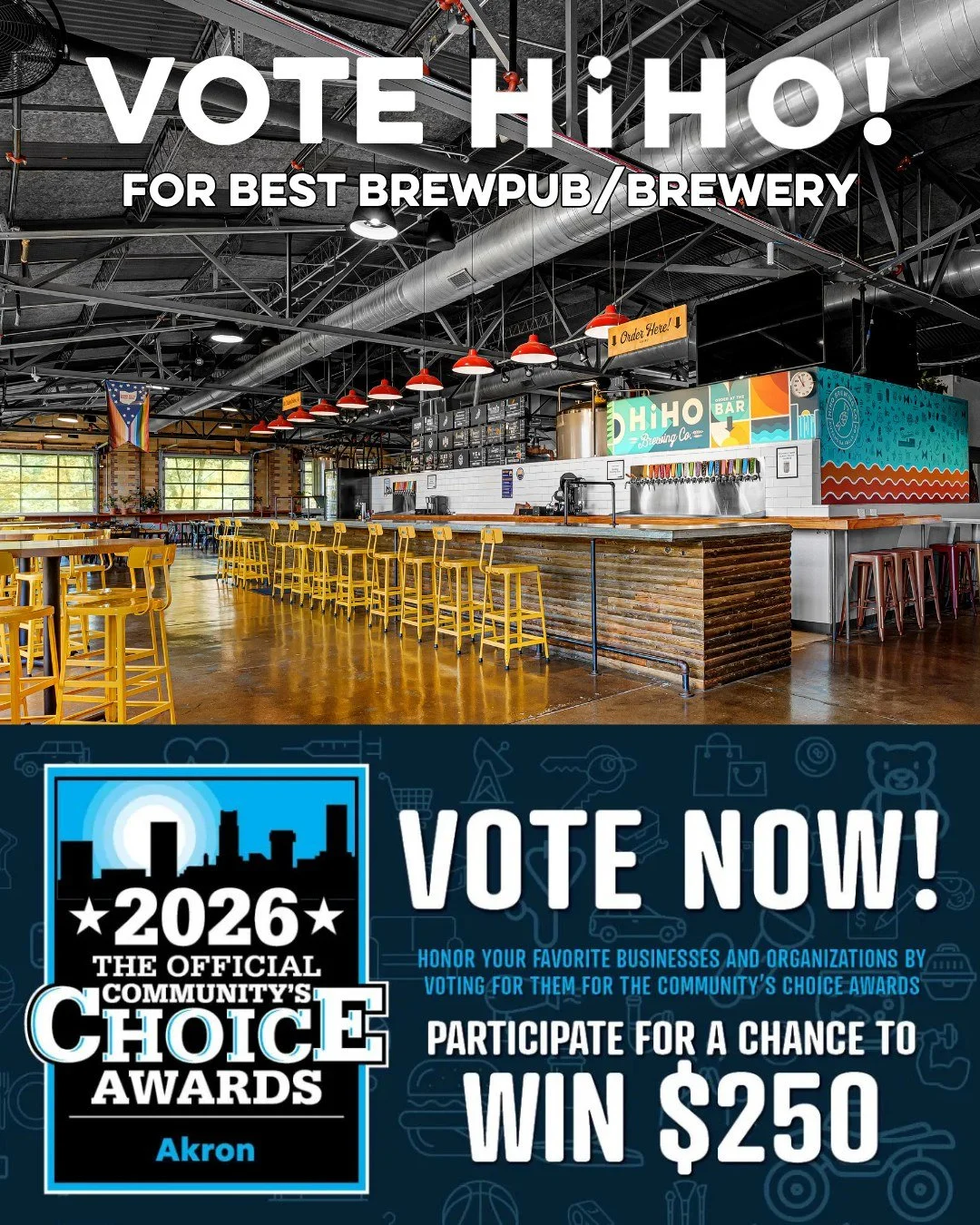 Help us defend our 2025 title as Best Brewpub/Brewery! 
Voting is open until June 19th. 
Thank you for your continued support of HiHO! 

https://beaconjournal.gannettcontests.com/2026-Akron-Communitys-Choice-Awards/gallery/