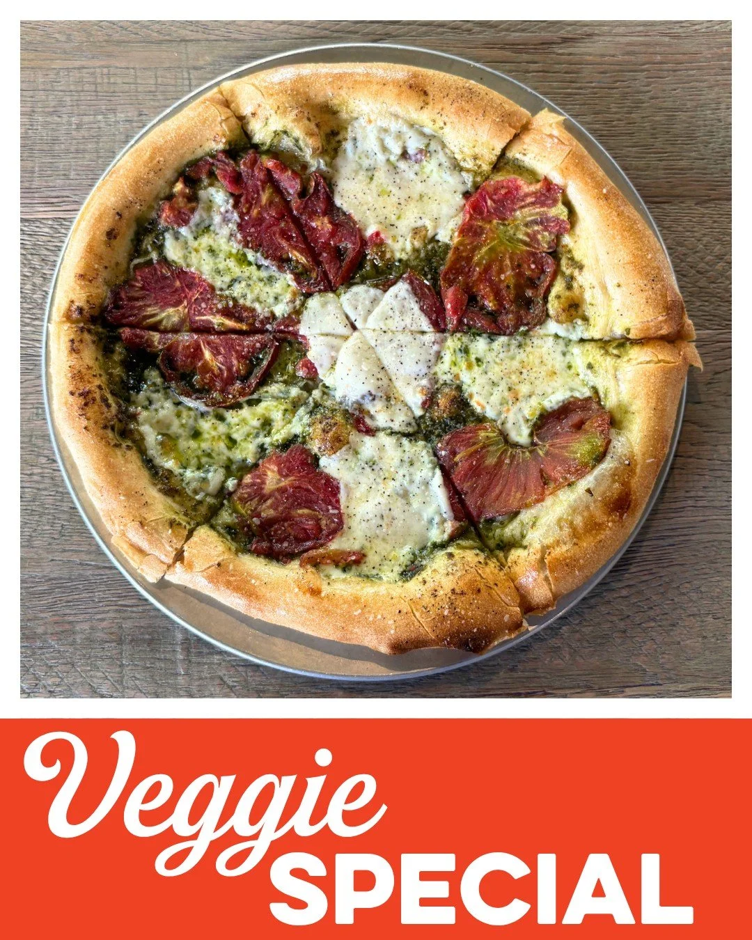 It is TOMATO SEASON, which calls for the Veggie Special to change a little early.🍅

Veggie Special: Local Heirloom tomatoes and fresh mozzarella on a basil Parmesan garlic oil.

This is the last week for July Baker's Special pizza. Get it while you 